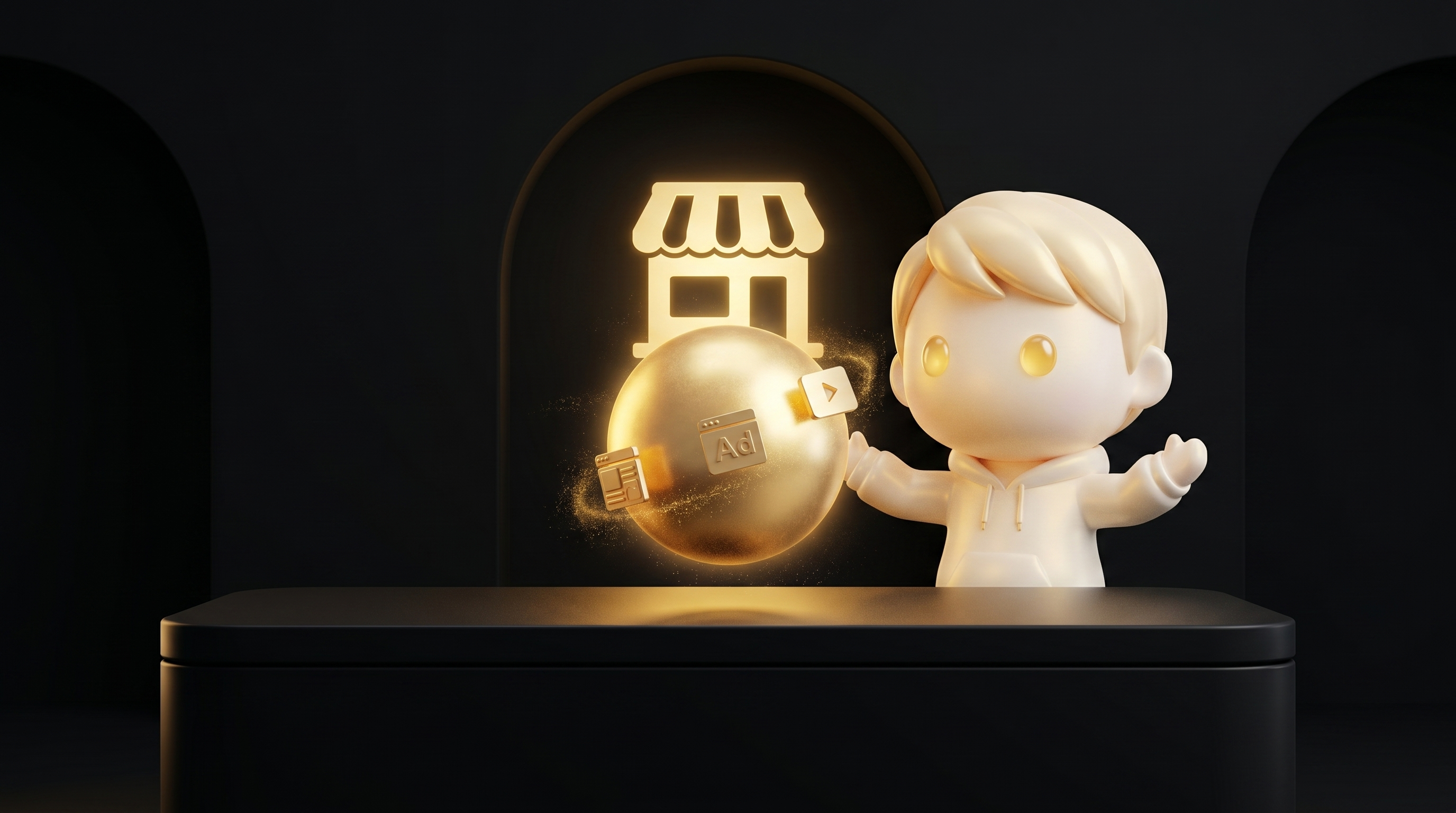 A clean obsidian operator desk with a single glowing gold orb in the center suggesting one AI store builder subscription replacing many tools, the Godmode mascot in cream porcelain skin standing behind the desk approving with a calm operator posture