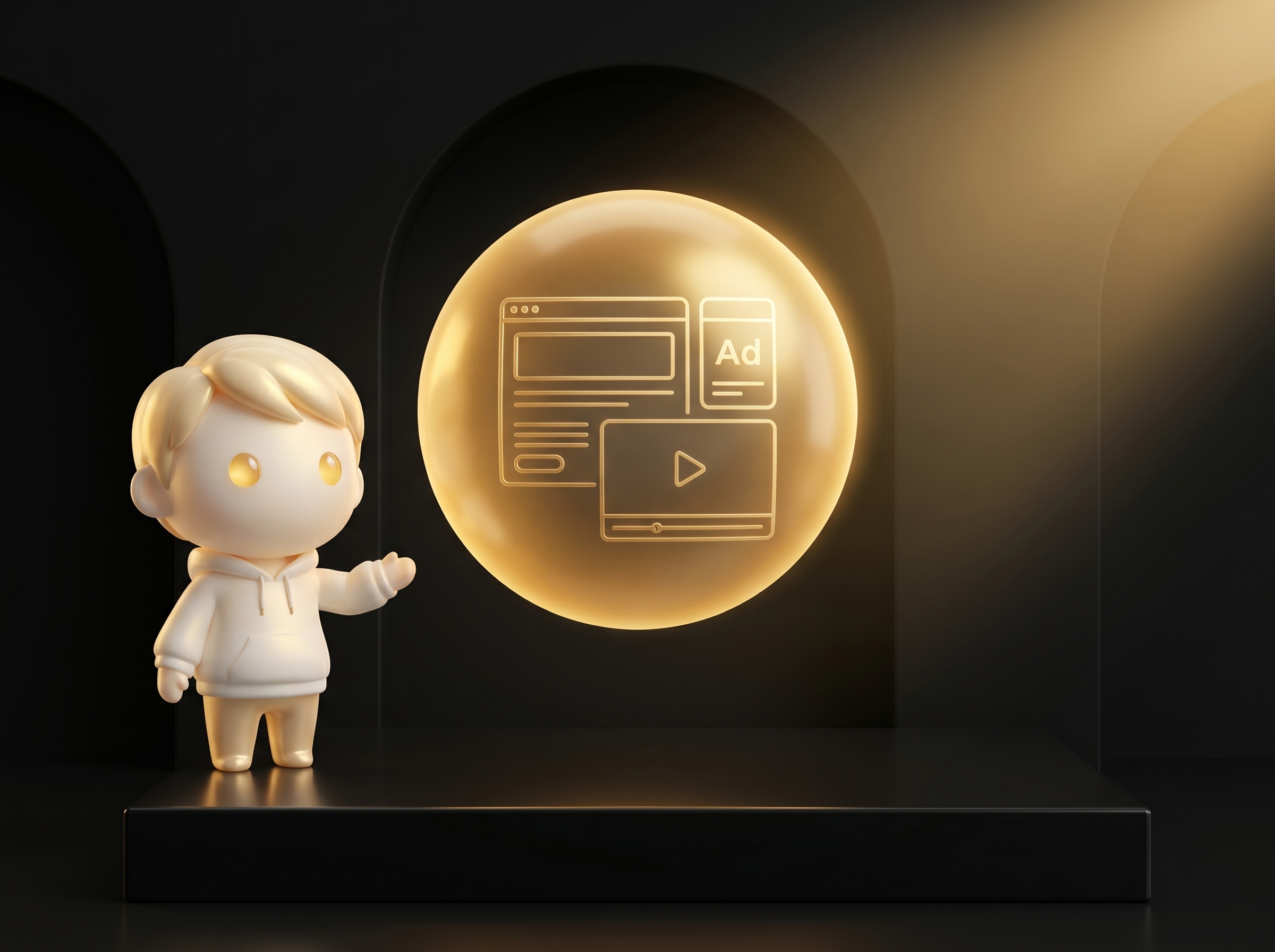 Godmode mascot in cream porcelain skin presenting a single glowing AI orb on a clean obsidian podium replacing the cluttered 2018-2022 software stack