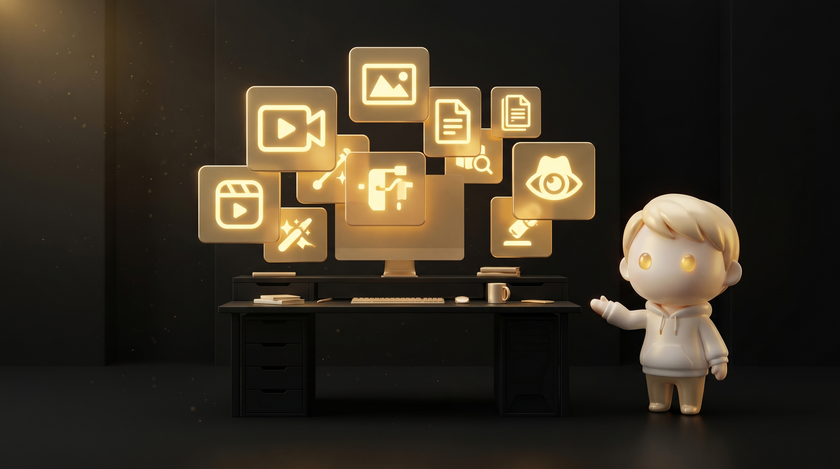 A cluttered glowing gold cinematic operator desk in 2020-era style with stacks of software icons floating including Adobe Photoshop, Premiere Pro, Canva, and PageFly representations as abstract glowing rectangular tiles, the Godmode mascot in cream porcelain skin standing beside the cluttered desk with a calm explanatory operator posture