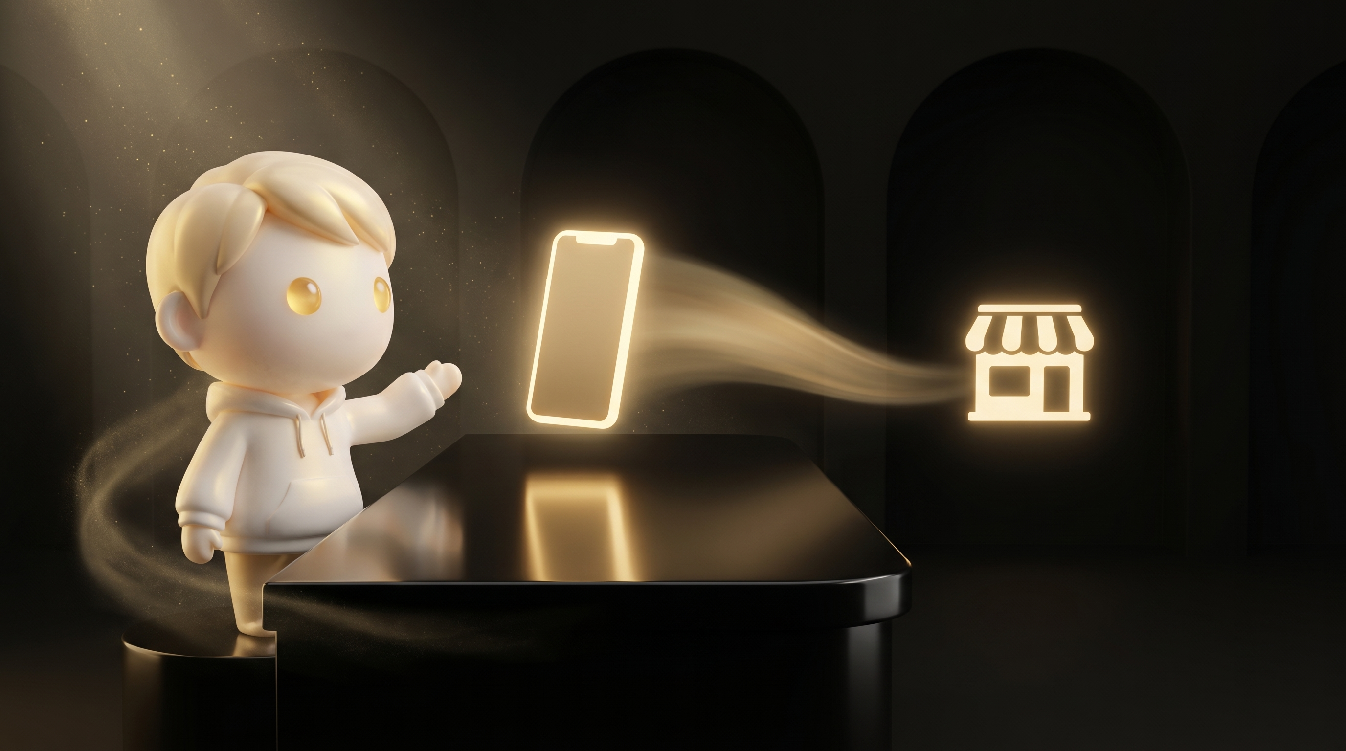 A clean obsidian desk with a single glowing smartphone silhouette in the foreground and a glowing Shopify storefront silhouette in the background, the Godmode mascot in cream porcelain skin standing beside the desk with a calm operator posture suggesting authentic content creation