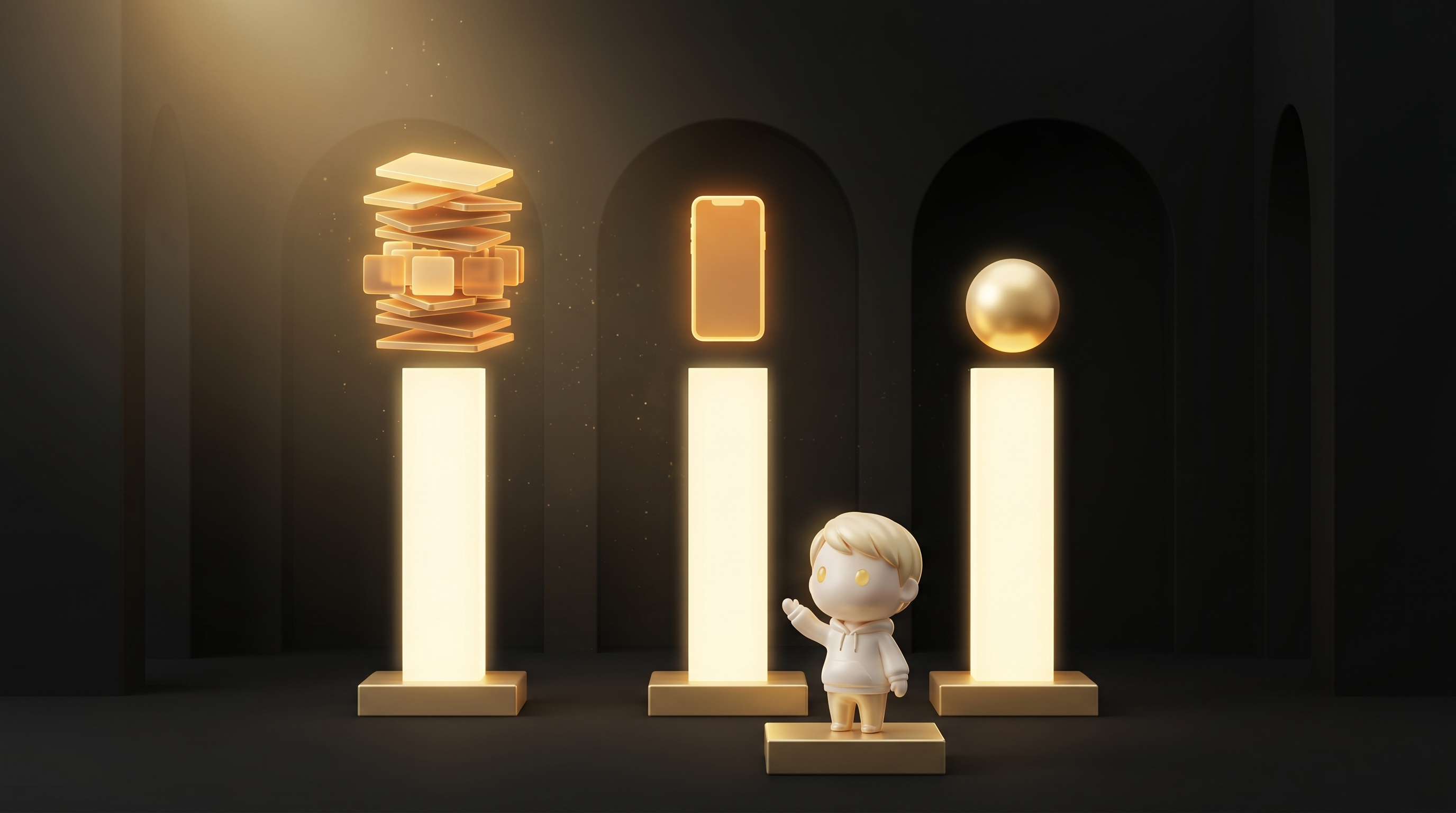 Three vertical glowing gold pillars side by side representing the 2018-2022 cluttered stack, the 2026 organic phone-only path, and the 2026 AI single-orb path, the Godmode mascot in cream porcelain skin standing in front of the three pillars with a calm comparing operator posture