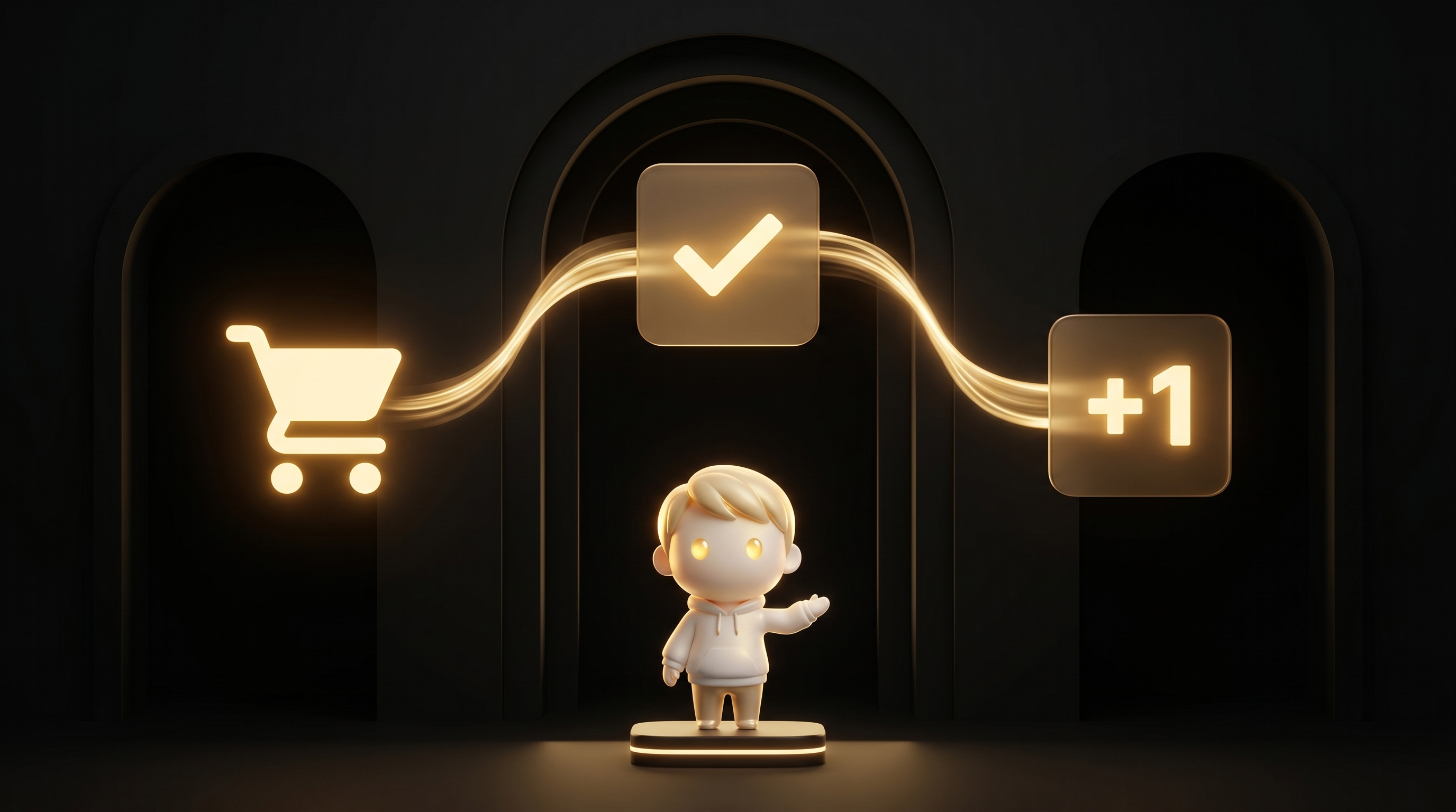 A cinematic flowing horizontal sequence: checkout cart silhouette, thank-you page tile with checkmark, and upsell bump tile with +1 glyph, all glowing warm gold connected by gold light streams, the Godmode mascot orchestrating from below