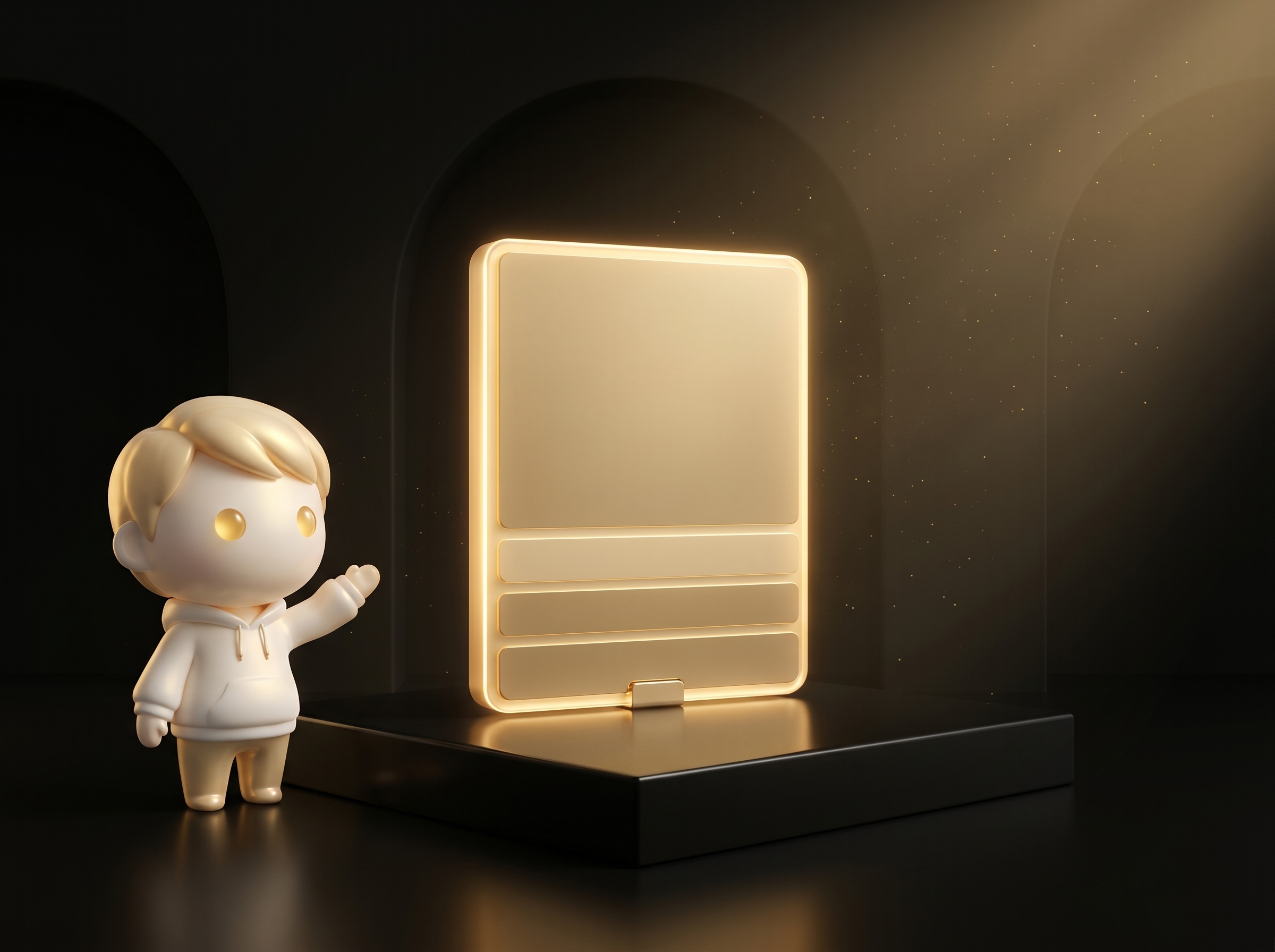 Godmode mascot in cream porcelain skin presenting a glowing fully native-branded Shopify product page mockup with no platform-credit reference visible on a clean obsidian podium