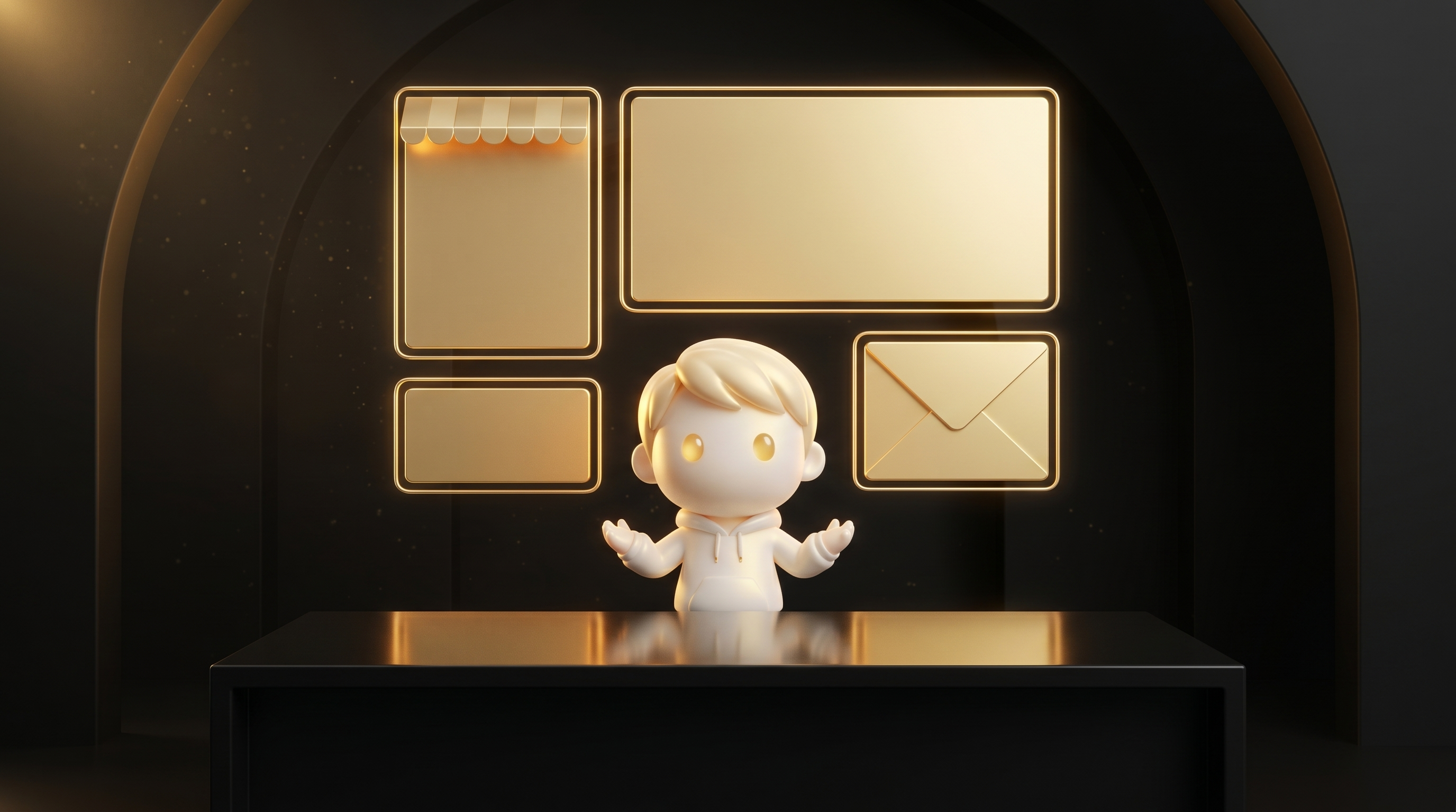 Four glowing gold rectangular surface mockups arranged in a 2x2 grid above a clean obsidian operator desk, each one representing storefront footer, checkout footer, order status page, and email confirmation, the Godmode mascot in cream porcelain skin standing behind the desk gesturing at the surfaces with a calm operator posture