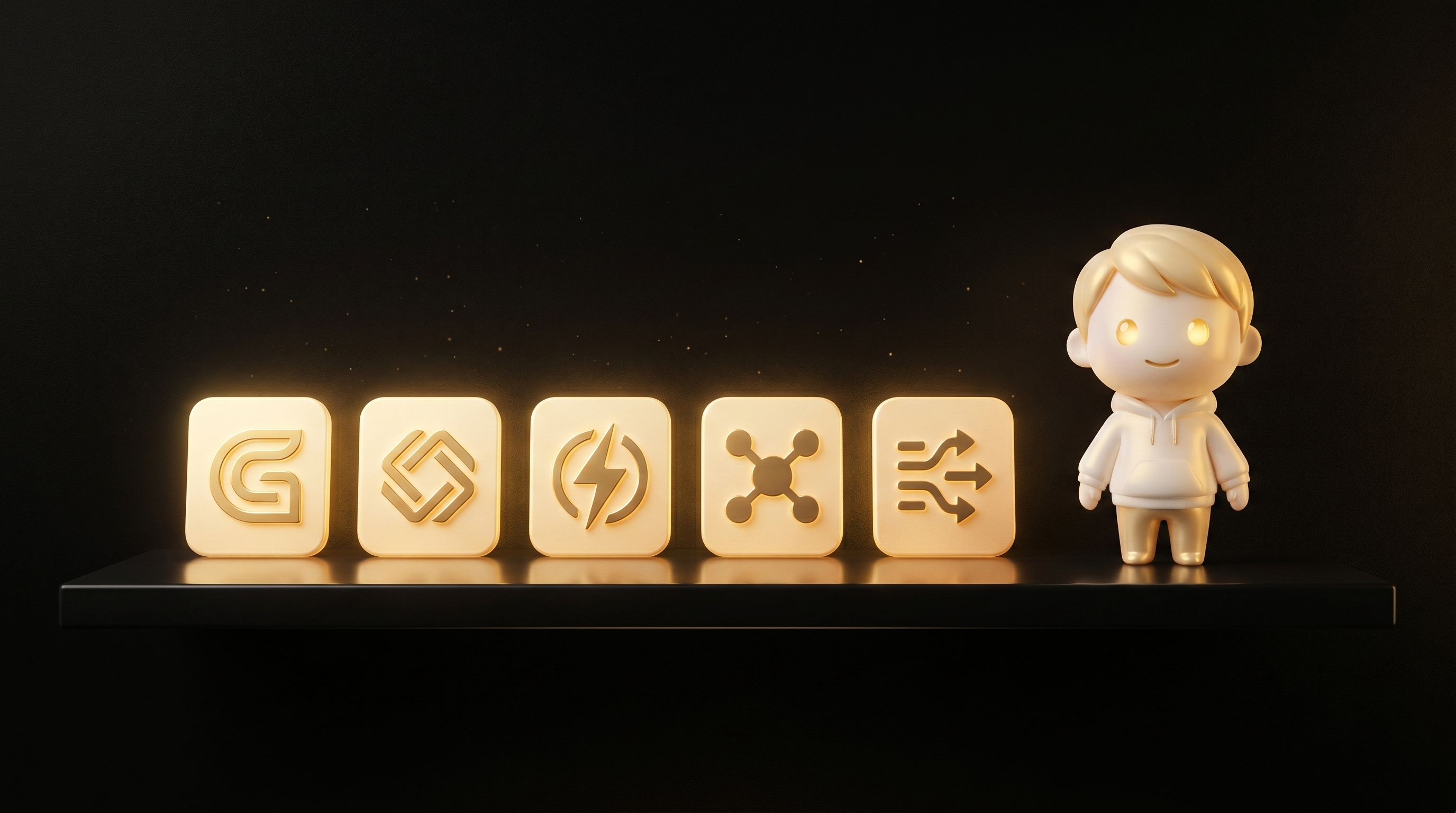 A clean obsidian shelf with 5 small softly glowing warm gold app-card icons arranged in a row each with a unique abstract glyph, the Godmode mascot beside the shelf with a calm approving expression