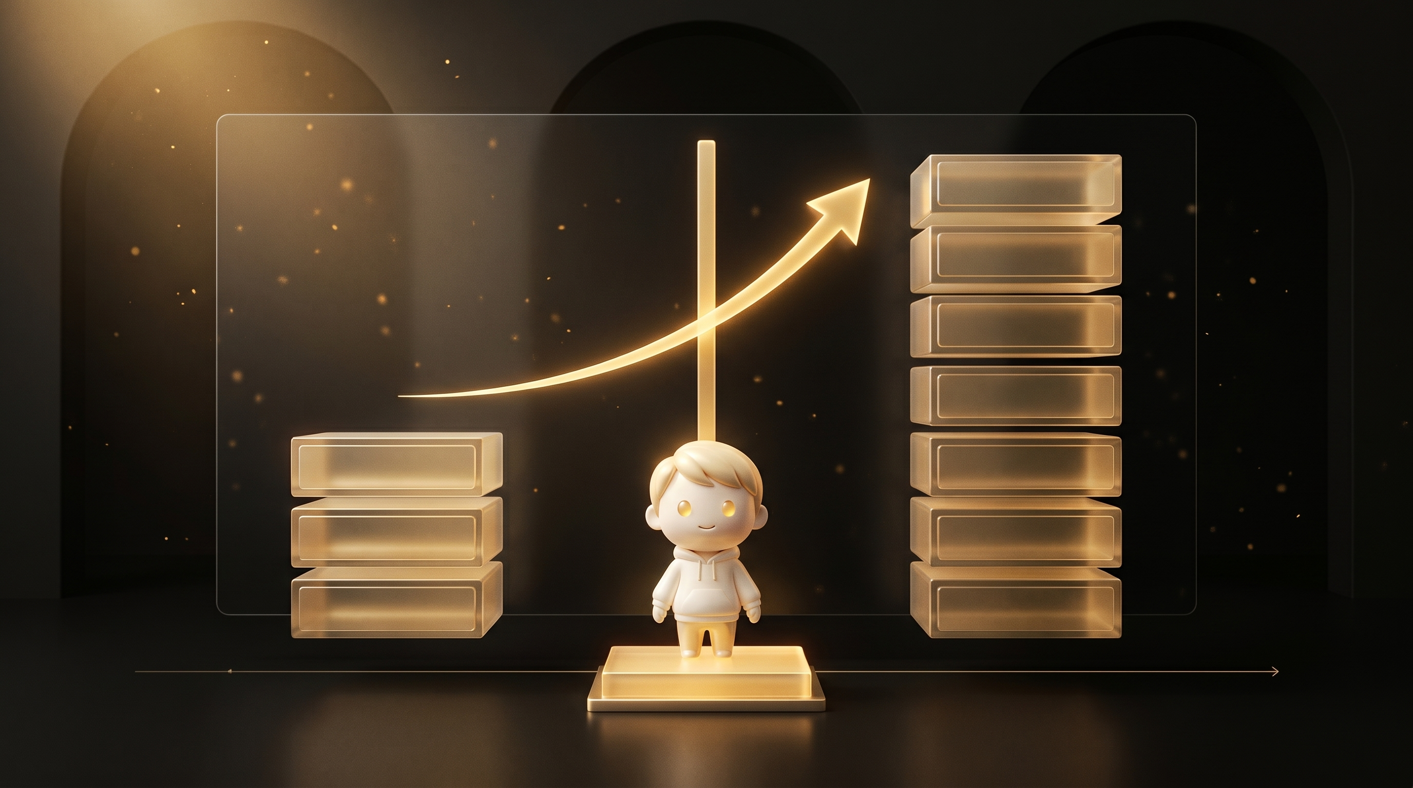 A floating holographic ledger in a dark studio showing a low translucent stack of revenue tiles on the left and a higher stack on the right with a glowing gold upward arrow, the Godmode mascot in cream porcelain skin standing on a platform between them with a calm pleased operator expression