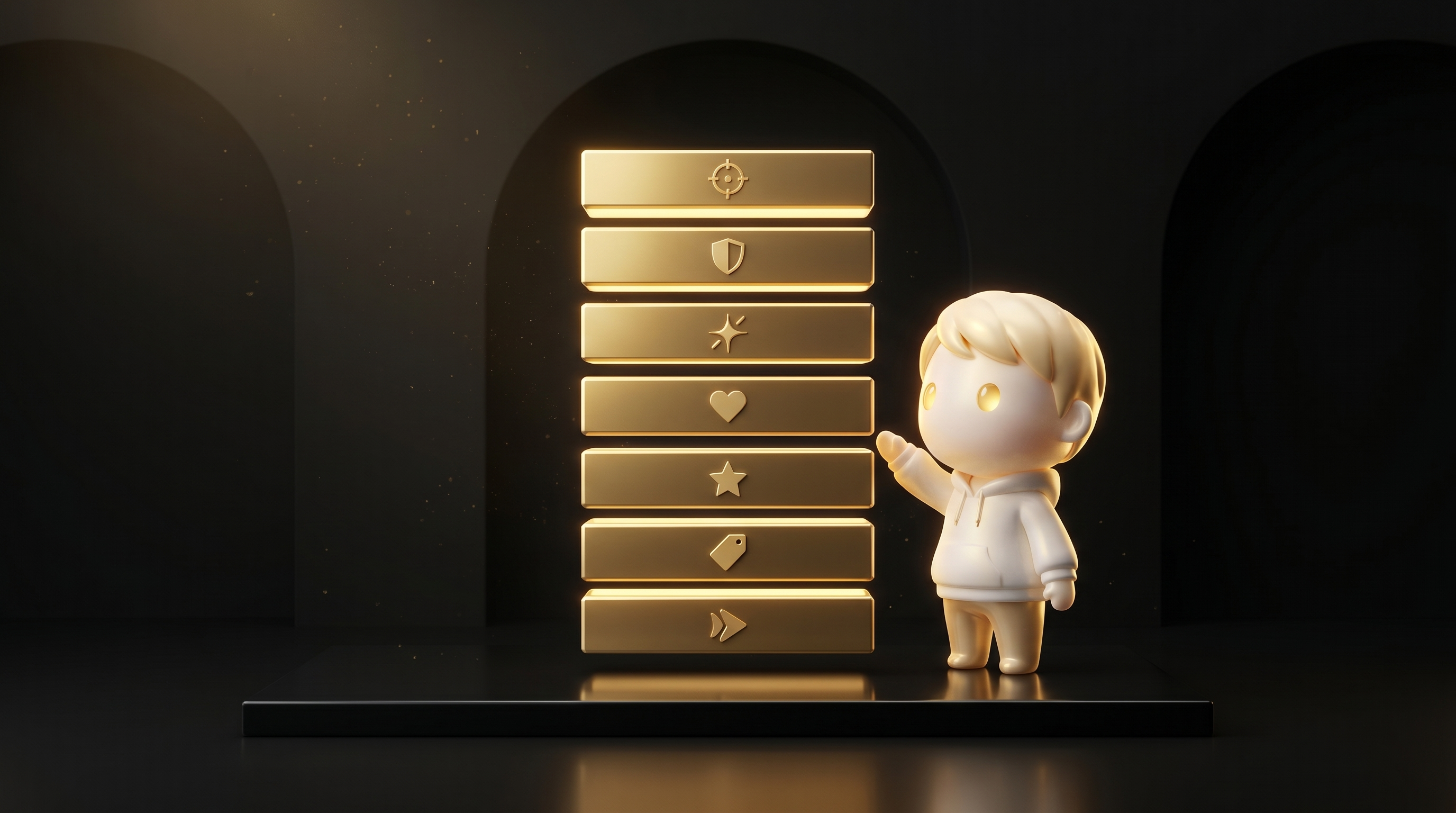 A vertical glowing gold stack of seven rectangular section blocks labelled by visual cue for Attention Trust Interest Desire Credibility Offer Action, the Godmode mascot in cream porcelain skin standing beside the stack pointing to the middle block with a calm explanatory operator posture