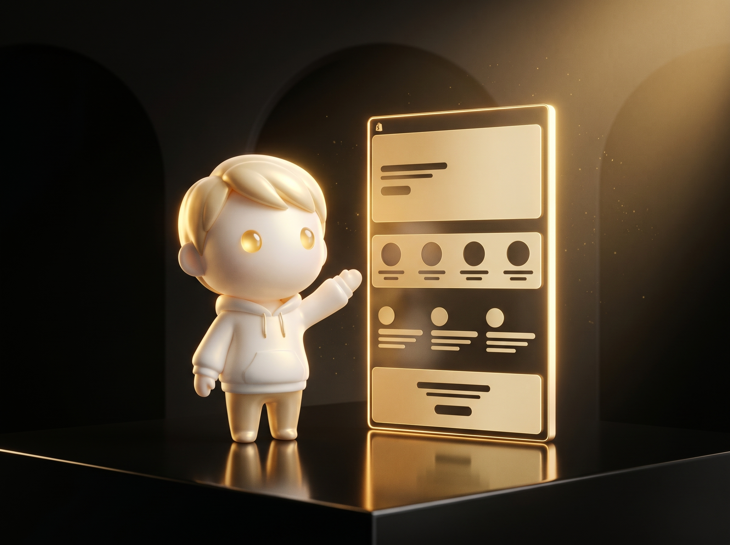 Godmode mascot in cream porcelain skin presenting a glowing converting Shopify product page mockup on a clean obsidian podium