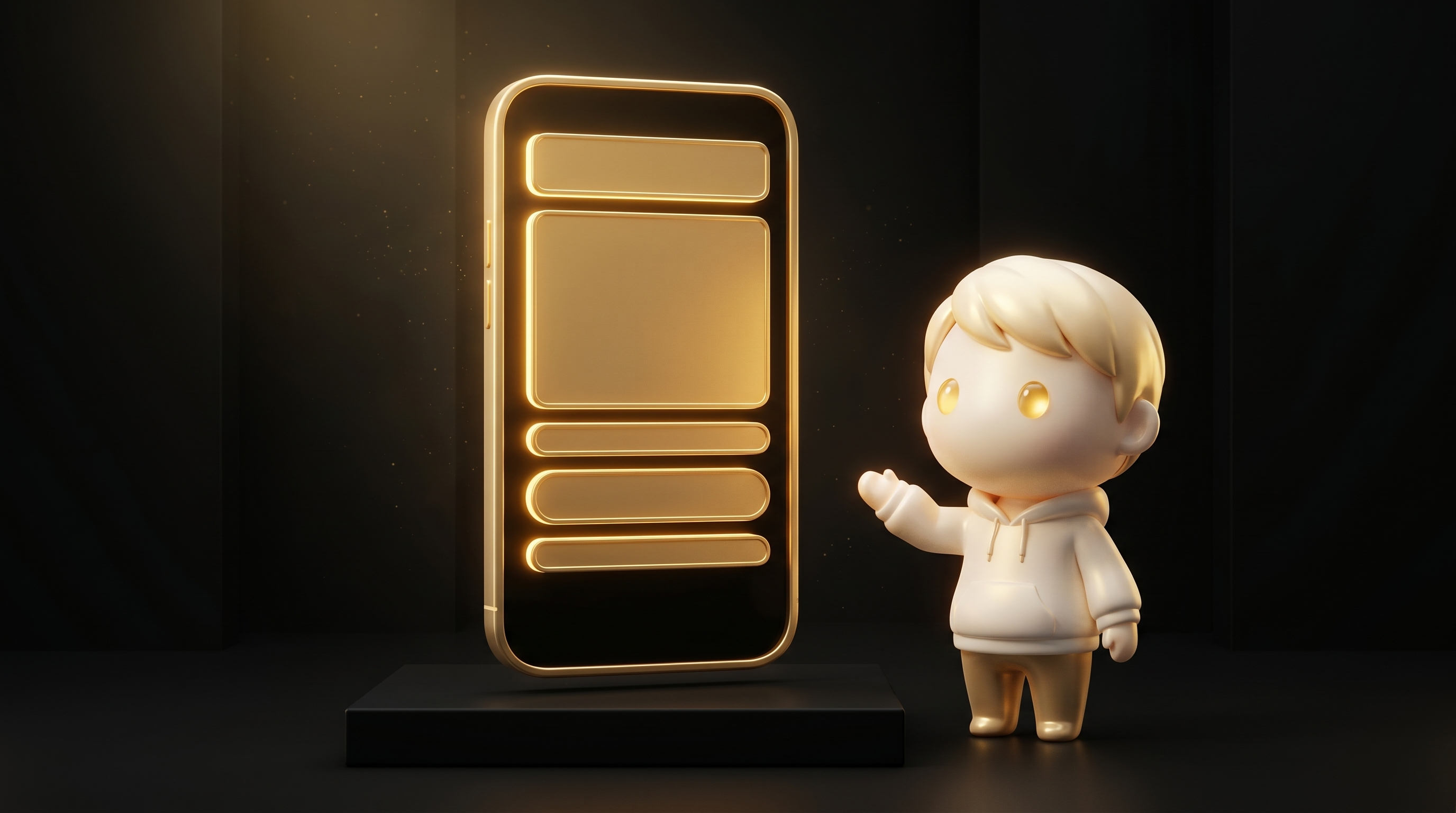 A vertical mobile-shaped product page mockup glowing gold on an obsidian platform, with five labelled section bands stacked above the fold representing the converting hero anatomy, the Godmode mascot in cream porcelain skin gesturing toward the mockup with a calm presenter operator posture