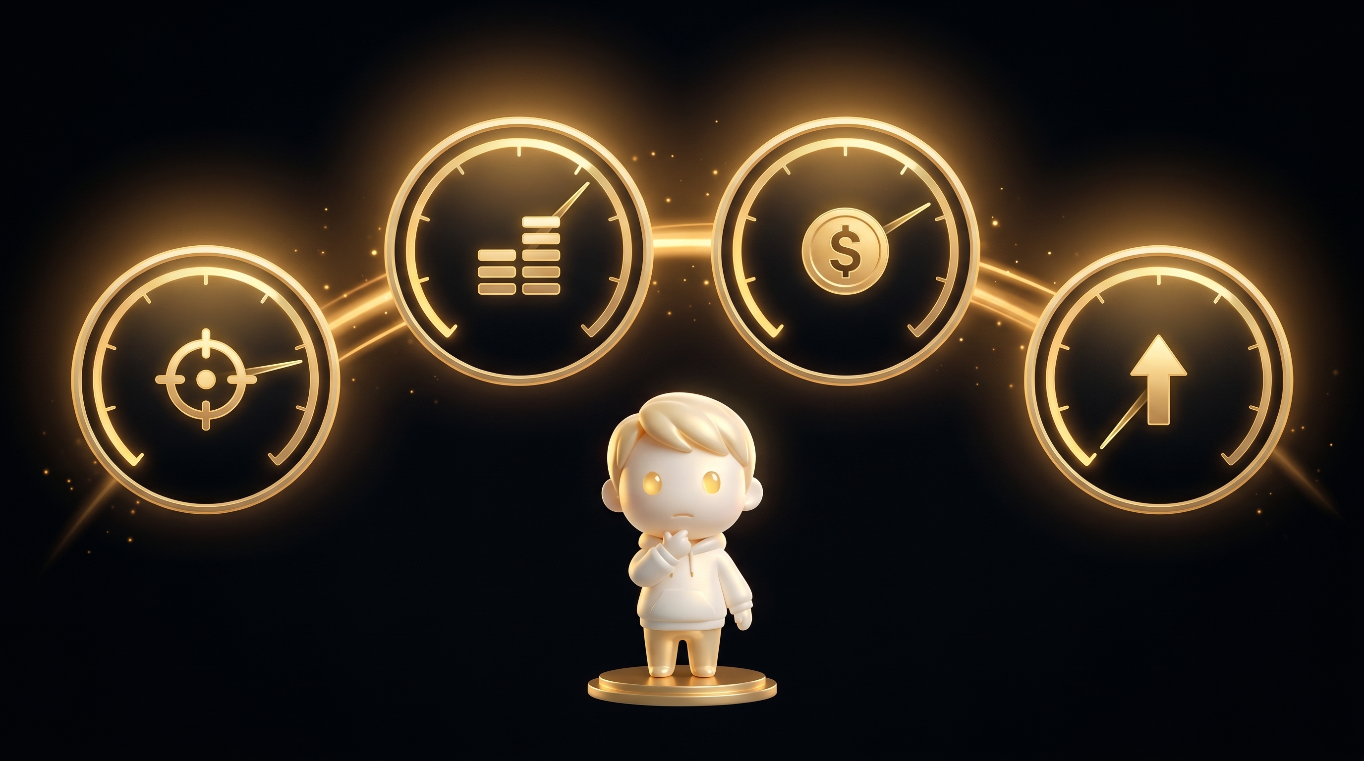 A horizontal flow diagram with four glowing gold meter dials labelled by visual symbol for CTR CPM CPC CVR connected by gold light streams, the Godmode mascot in cream porcelain skin reading the meters with a calm diagnostic operator posture