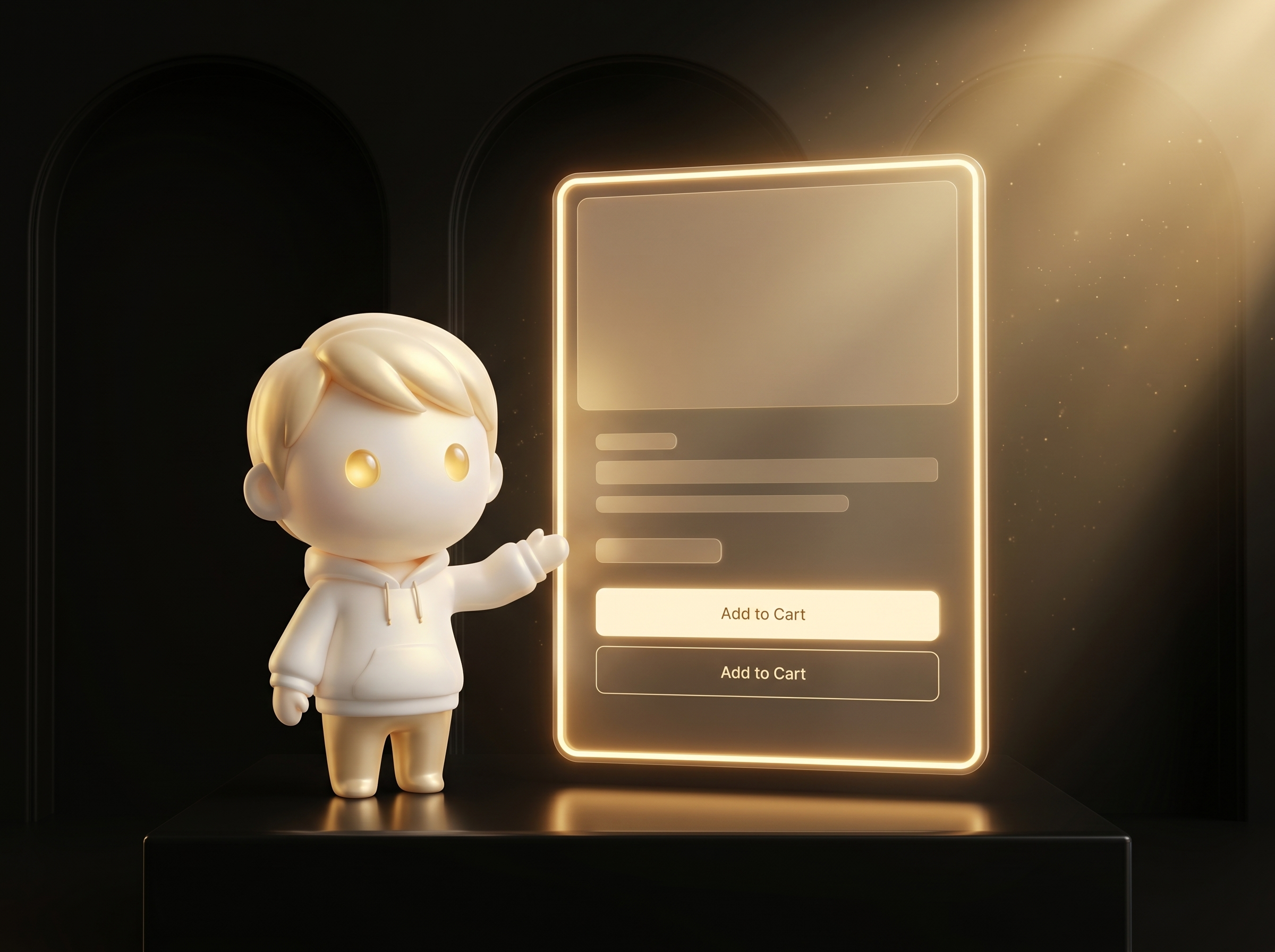 Godmode mascot in cream porcelain skin presenting a glowing Shopify product page mockup with a visibly cleaned-up first-load surface on a clean obsidian podium
