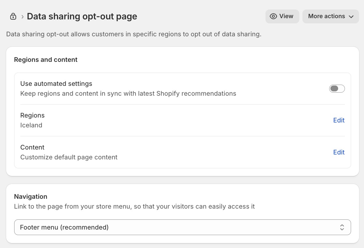 Shopify admin Data sharing opt-out page settings showing Regions and content set to Iceland only, the operator hack to satisfy Shopify's required-region constraint without affecting any real shipping market