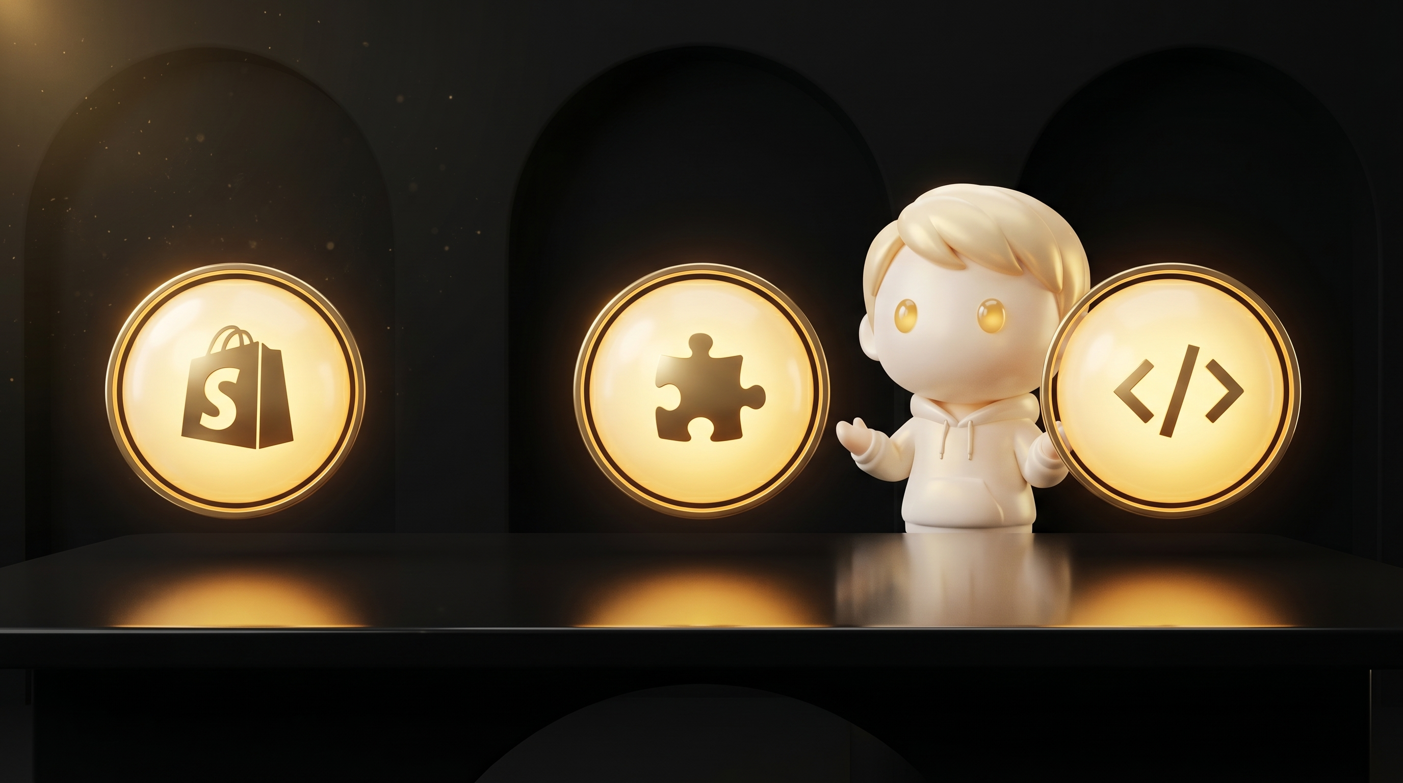 Three glowing gold orbs floating above a clean obsidian operator desk, each labelled by visual icon for native API, third-party app, and hardcoded theme banner, the Godmode mascot in cream porcelain skin standing behind the desk gesturing at the orbs with a calm explanatory operator posture