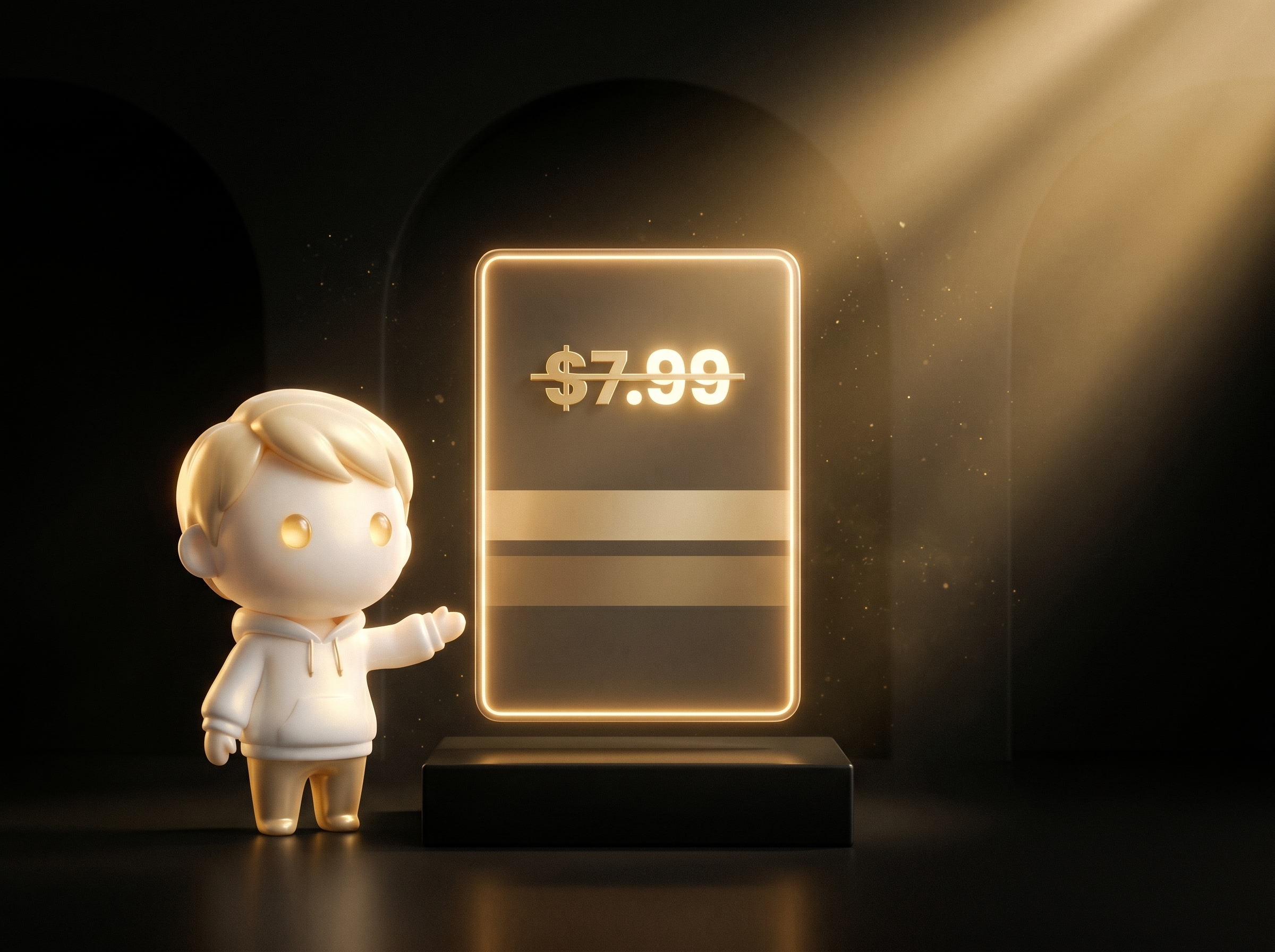 Godmode mascot in cream porcelain skin presenting a glowing Shopify product page mockup with a visible compare-at-price strikethrough on a clean obsidian podium