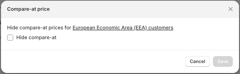 Shopify admin Compare-at price modal showing the Hide compare-at checkbox for European Economic Area (EEA) customers, the single toggle that controls whether strikethrough prices show in EU markets