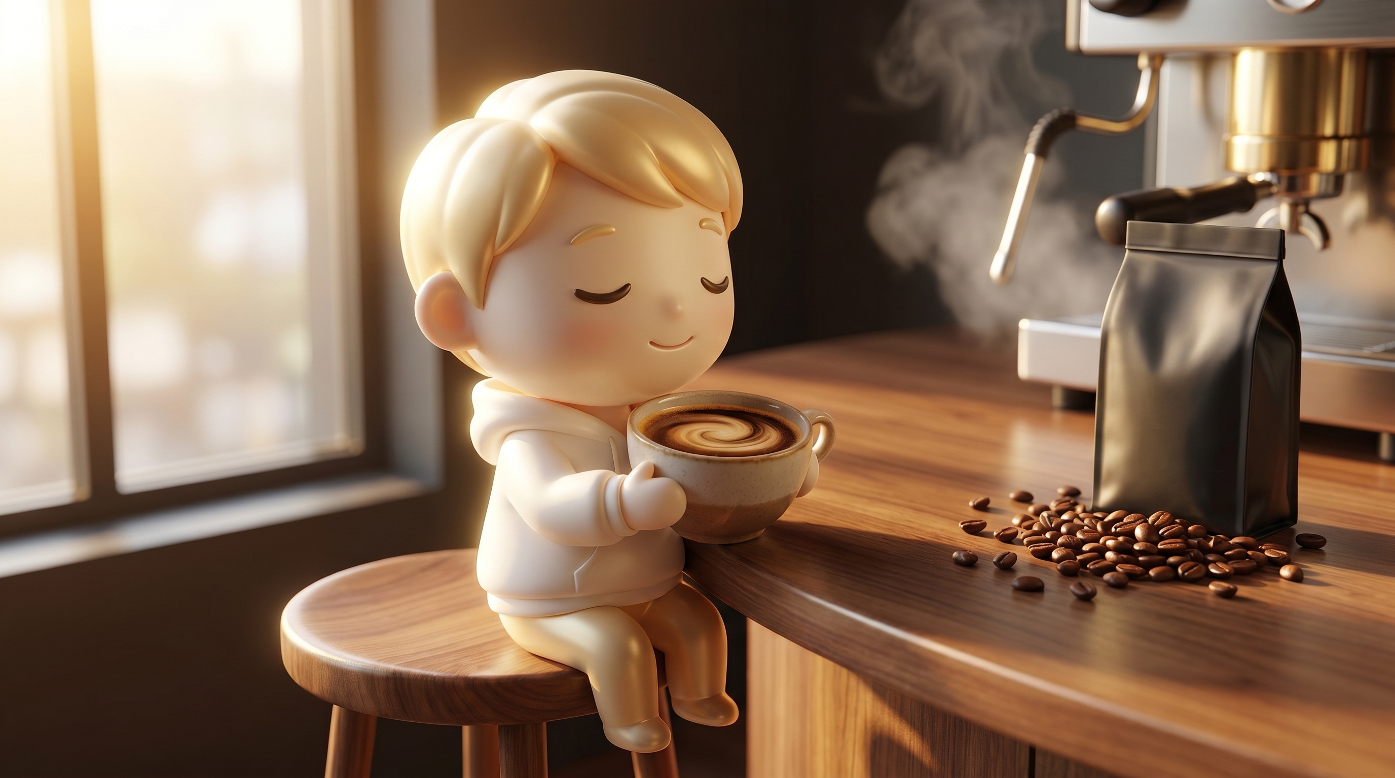 The Godmode mascot presenting a polished DTC coffee storefront with a glowing pedestal and freshly roasted beans