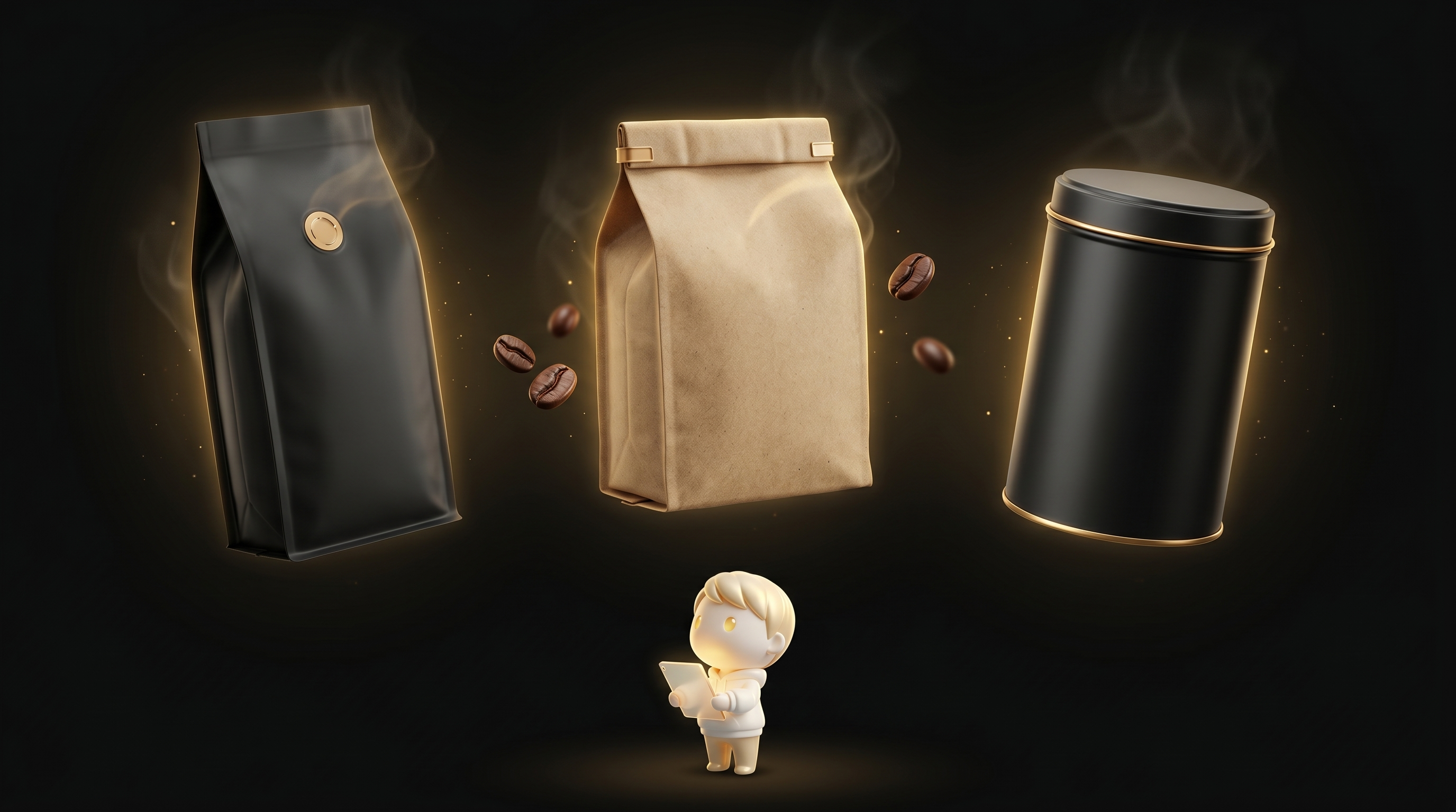 The Godmode mascot studying three different premium coffee bag designs floating in a horizontal row, each with a soft warm gold halo and a roast-date stamp visible