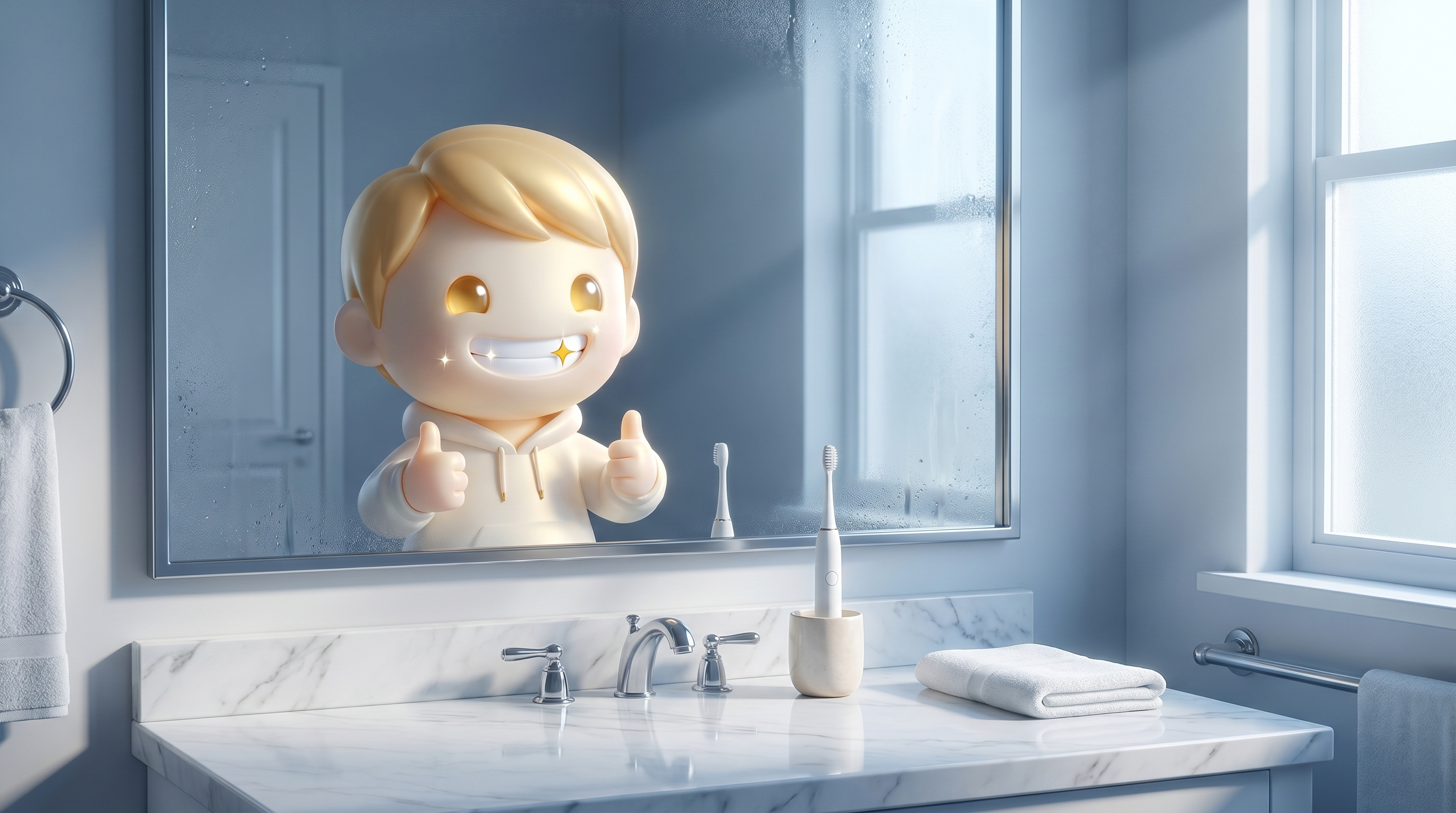 The Godmode mascot presenting a polished oral-care storefront with a glowing pedestal and an electric toothbrush silhouette