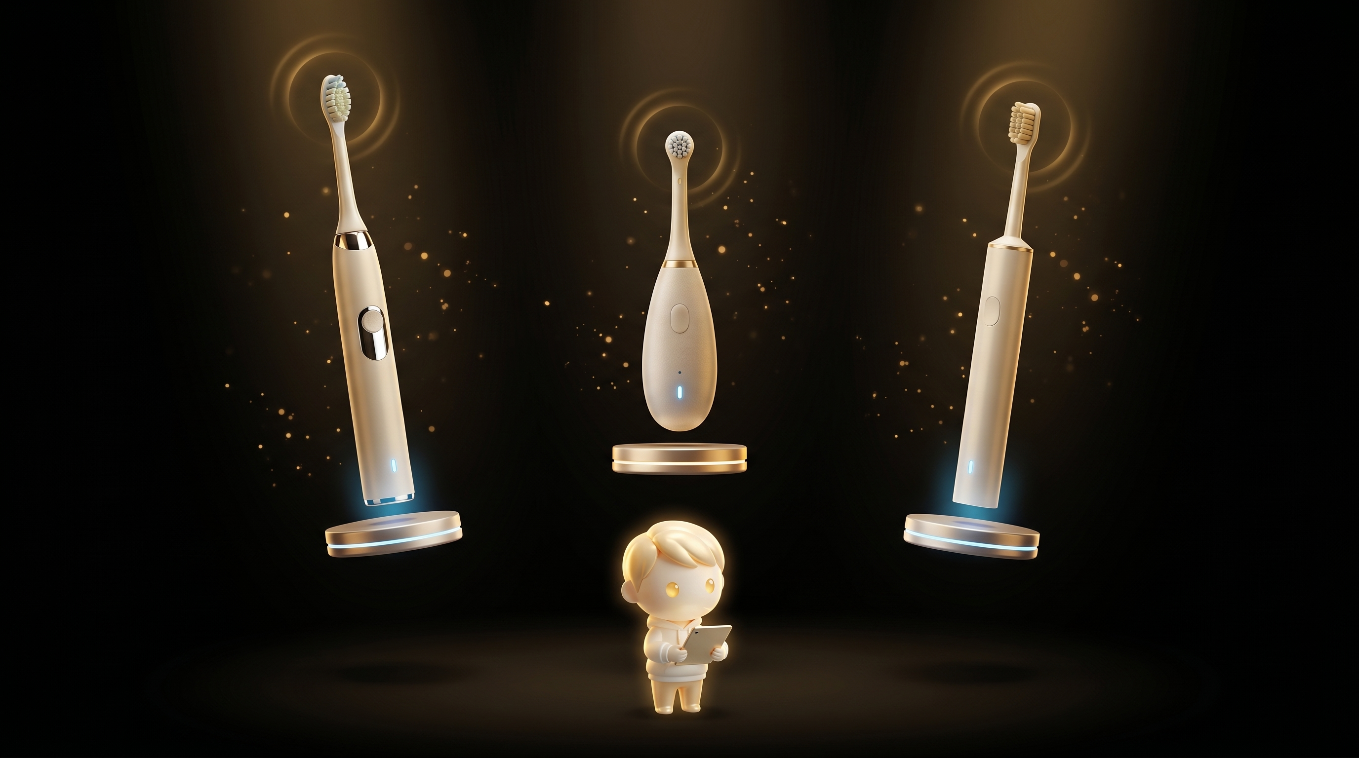 The Godmode mascot studying three different electric toothbrush designs floating in a horizontal row, each in its own charging stand, each glowing with a soft gold pulse at the brush head