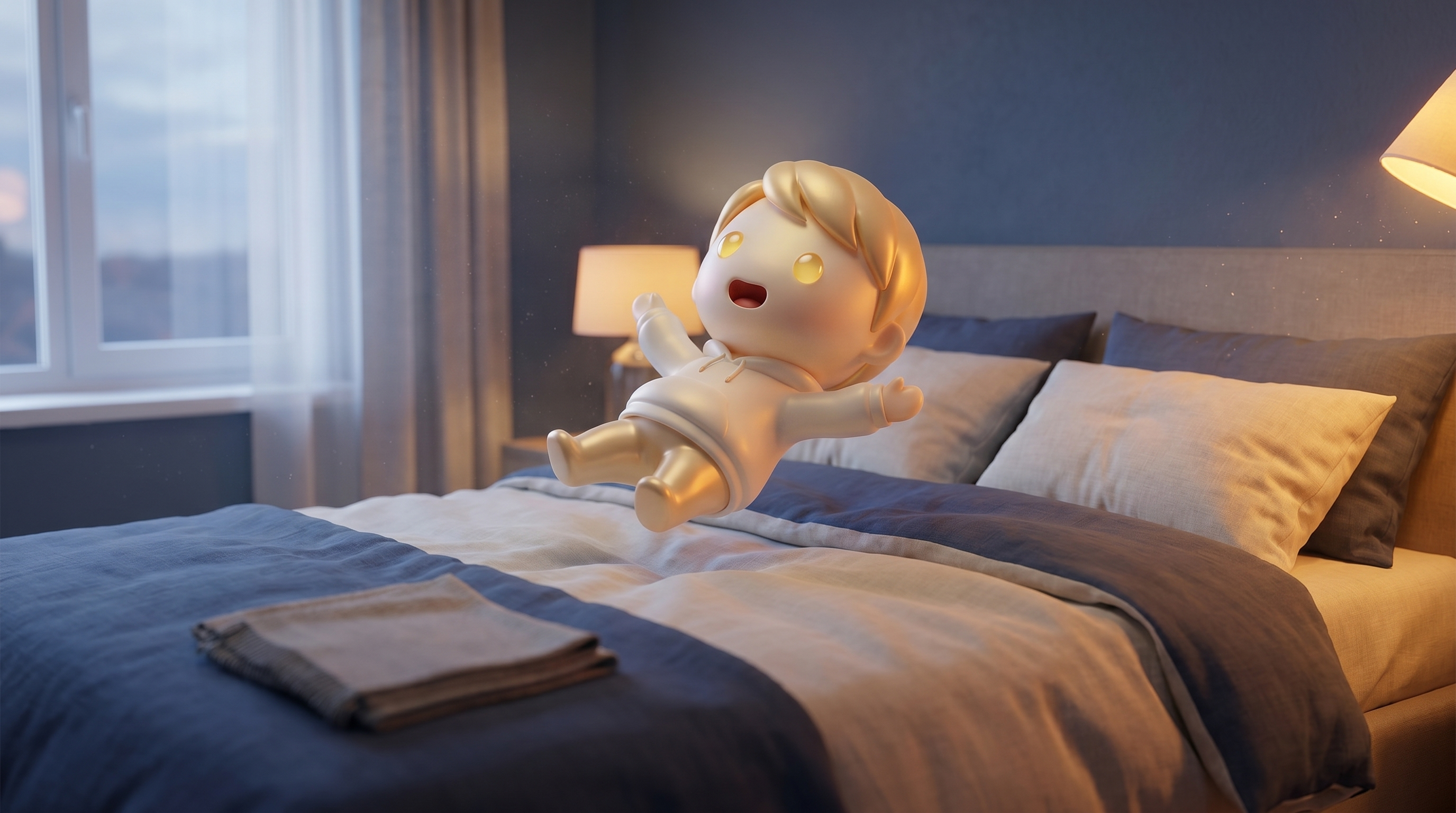 The Godmode mascot presenting a polished bedroom storefront mockup with a glowing pedestal
