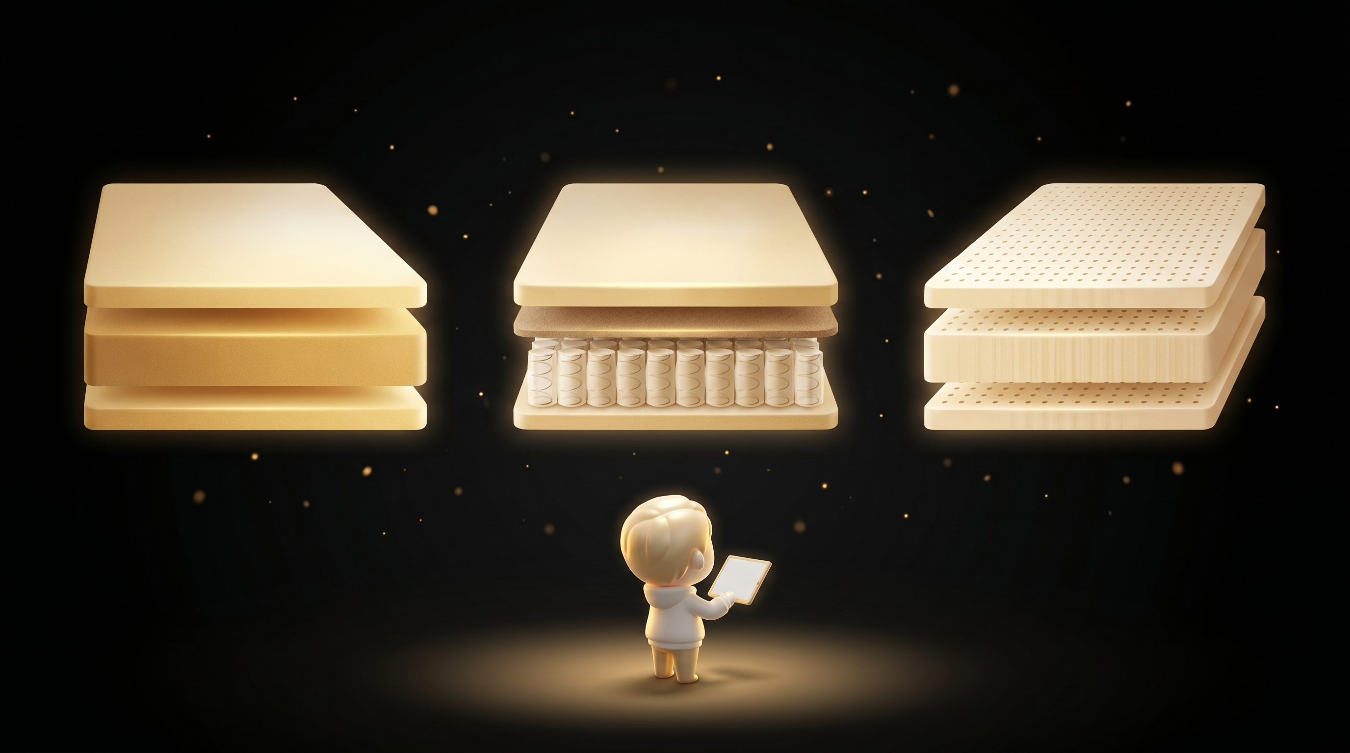 The Godmode mascot studying three different mattress constructions (memory foam, hybrid, latex) floating in a horizontal row, each glowing with warm gold edge lighting