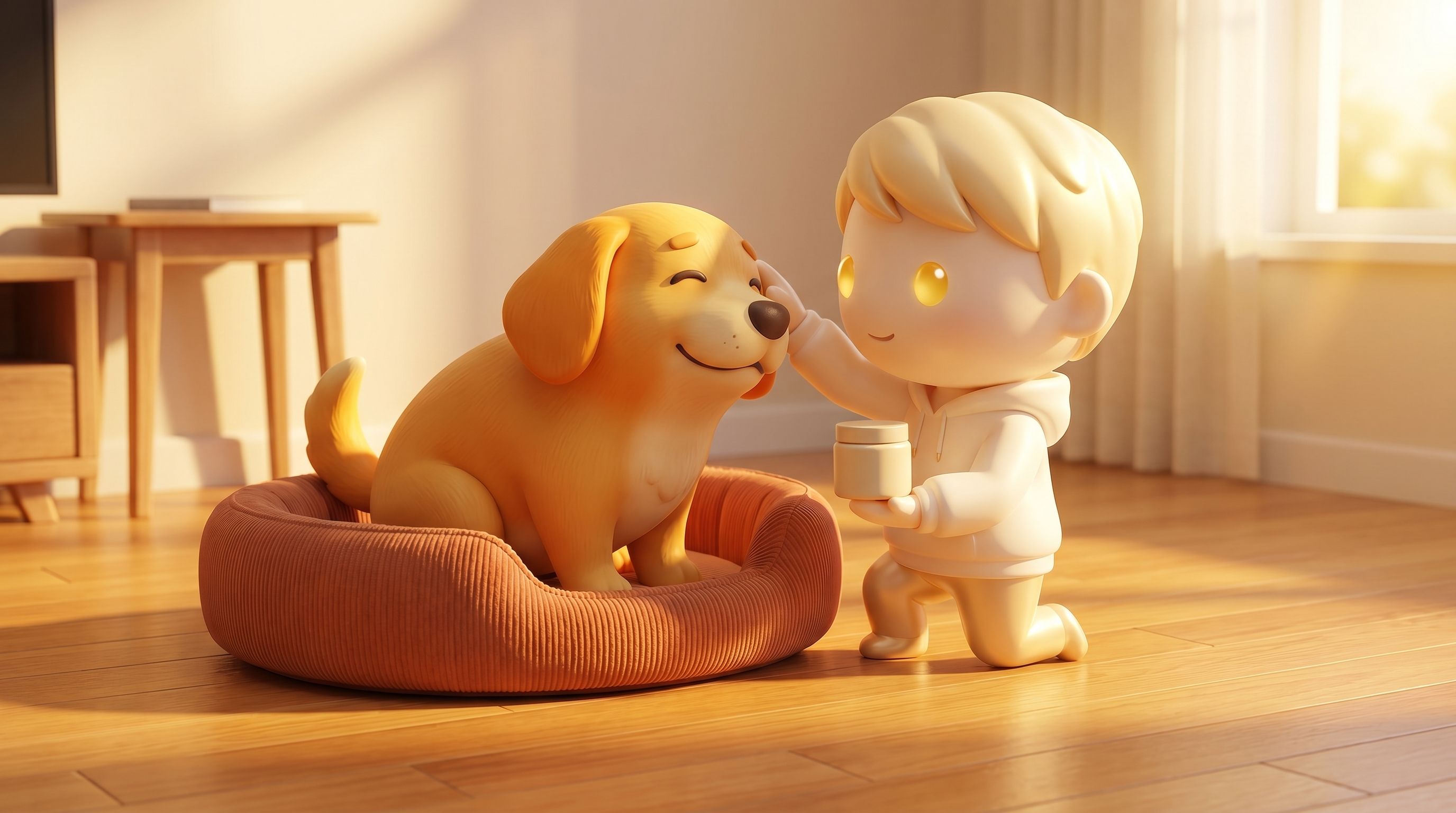 The Godmode mascot presenting a polished premium pet supplement storefront with a glowing pedestal and a small dog silhouette resting beside the mascot