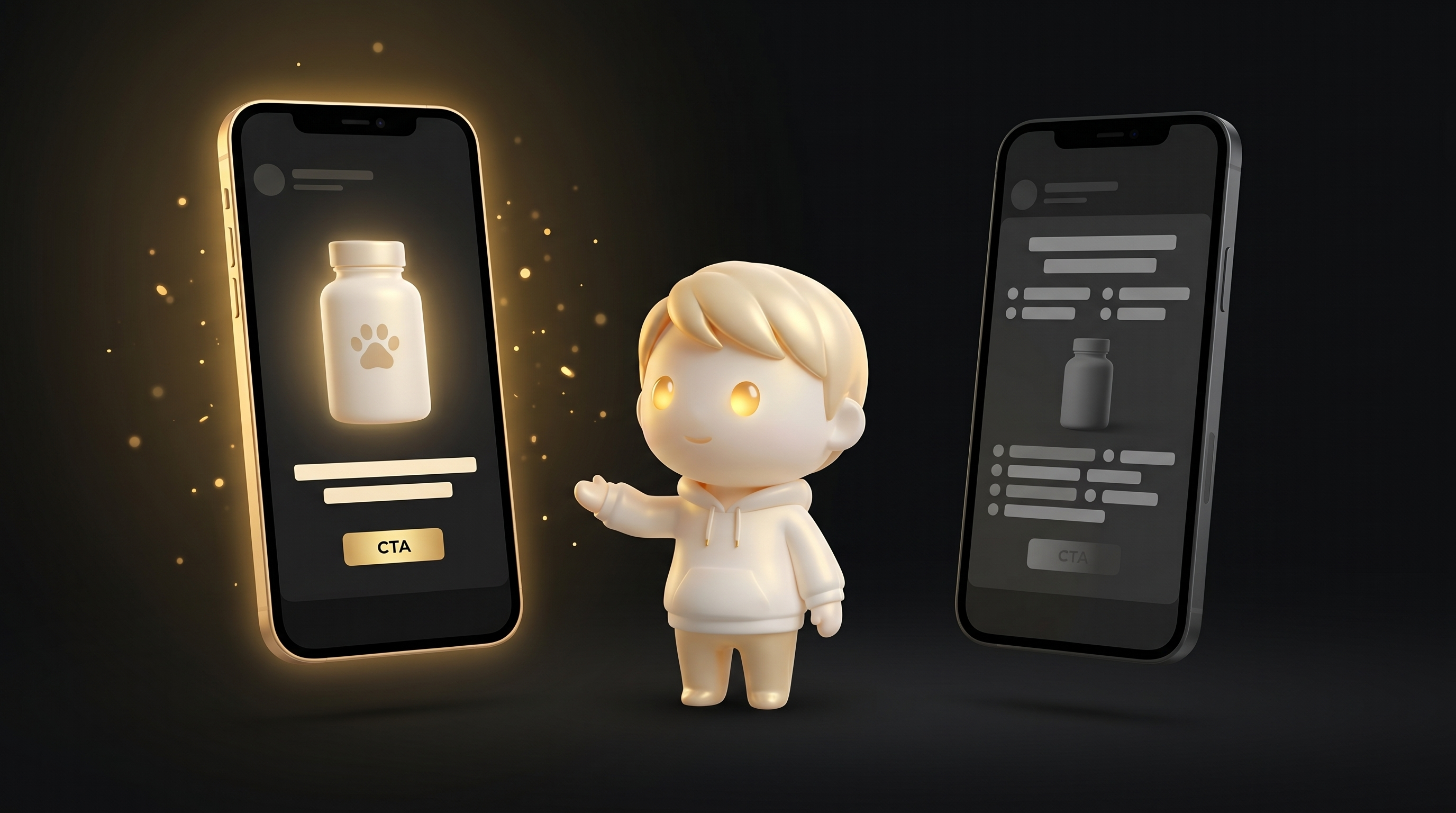 The Godmode mascot comparing two floating smartphone-shaped social ad mockups, the left glowing warm gold representing a winning named-pet transformation hook and the right dimmed grey representing a failing feature-list hook, a small dog silhouette sitting beside the mascot