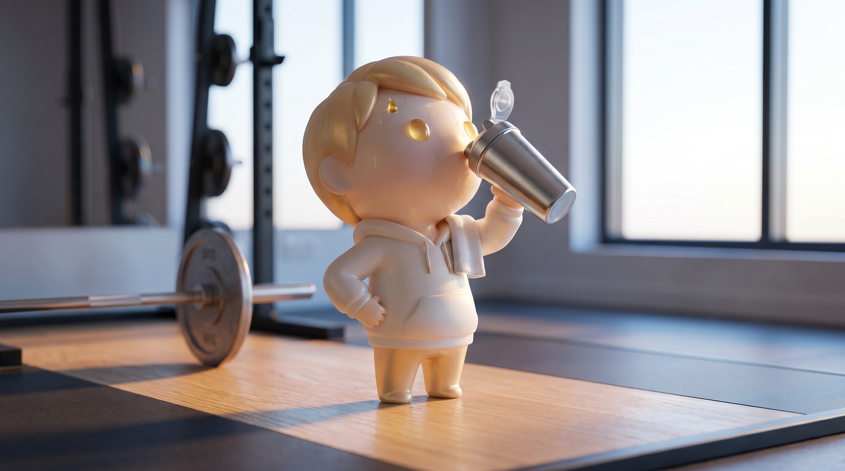 The Godmode mascot presenting a polished premium protein powder storefront with a glowing pedestal