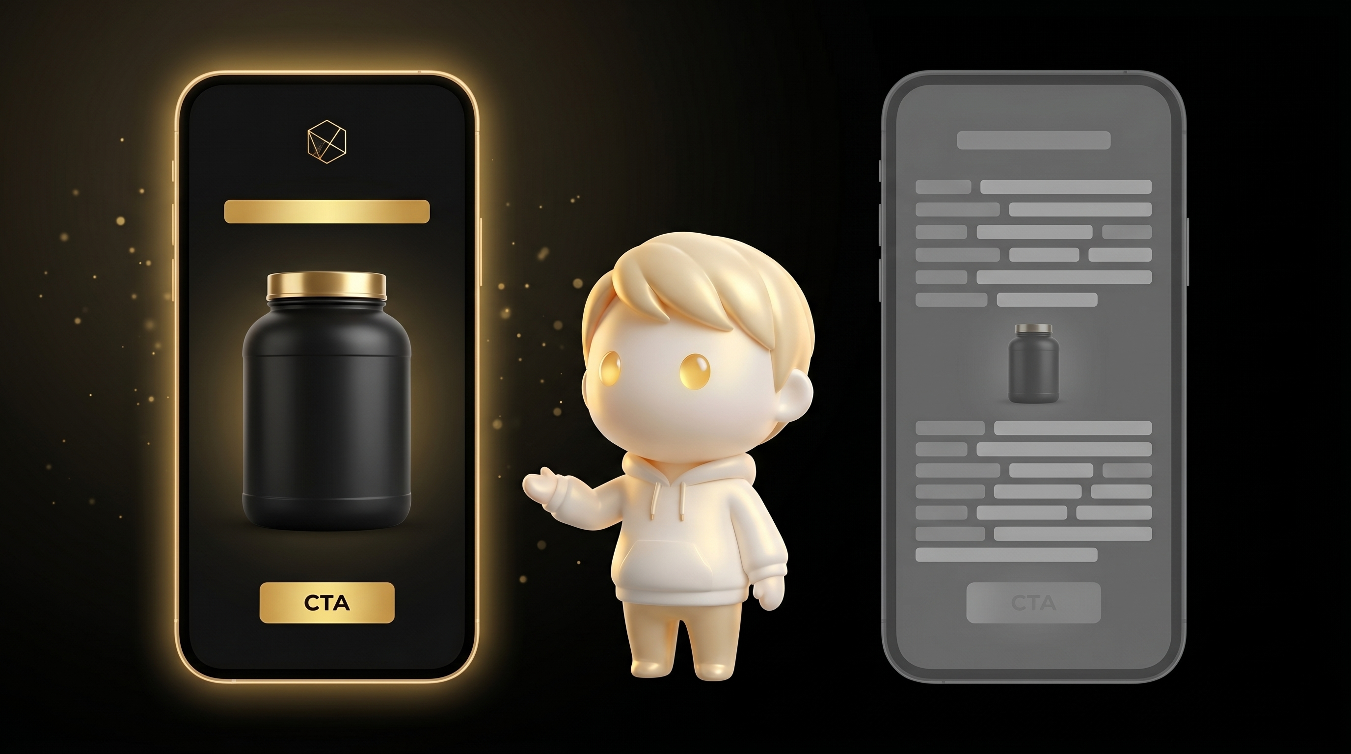 The Godmode mascot comparing two floating smartphone-shaped social ad mockups, the left glowing warm gold representing a winning lab-test transparency hook and the right dimmed grey representing a failing feature-list hook