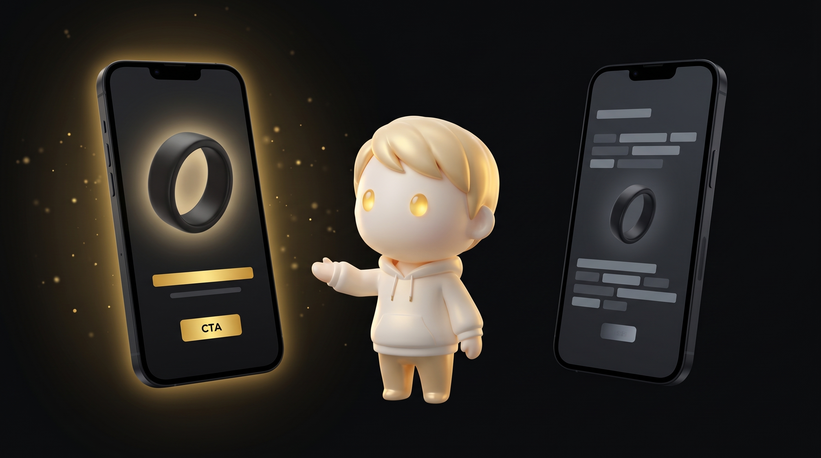 The Godmode mascot comparing two floating ad creative panels split-screen, the left glowing warm gold representing a winning subscription-angle hook and the right dimmed grey representing a failing sensor-acronym hook