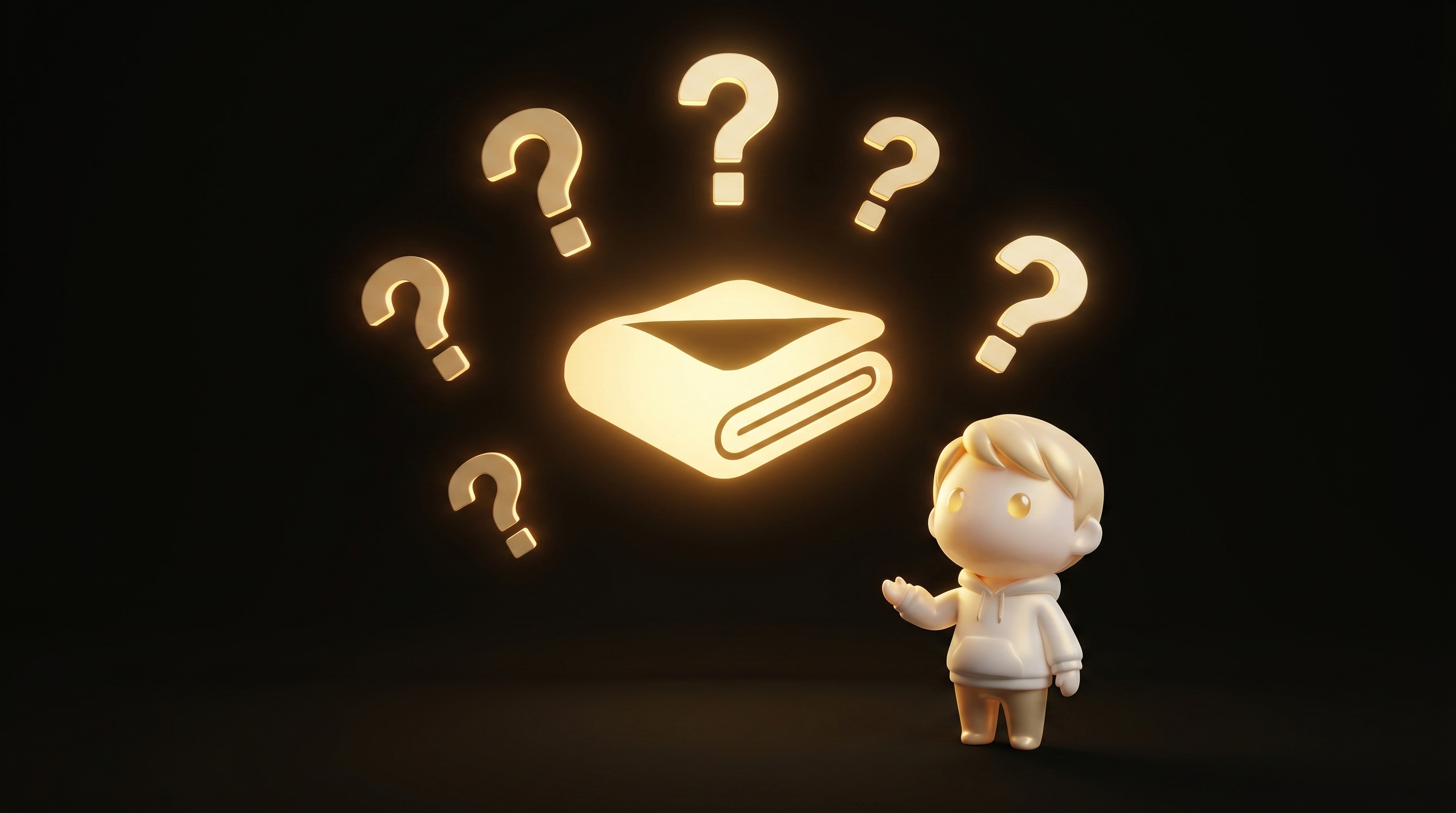 A cinematic cluster of 7 floating question-mark glyphs around a central glowing weighted-blanket silhouette each glowing warm gold, the Godmode mascot calmly addressing the questions