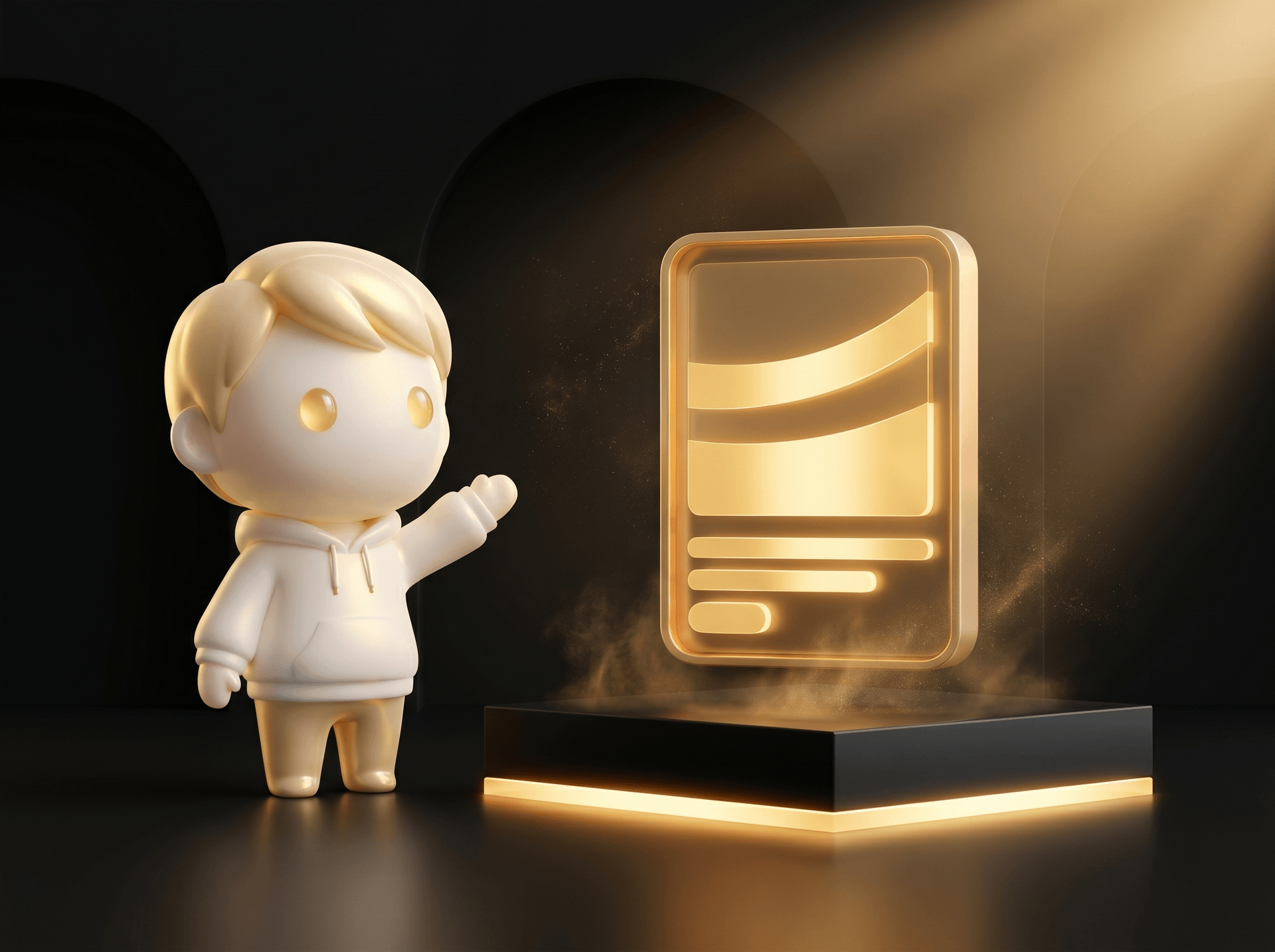 Godmode mascot in cream porcelain skin presenting a glowing Shopify product page mockup with a healthy real-margin glow on a clean obsidian podium