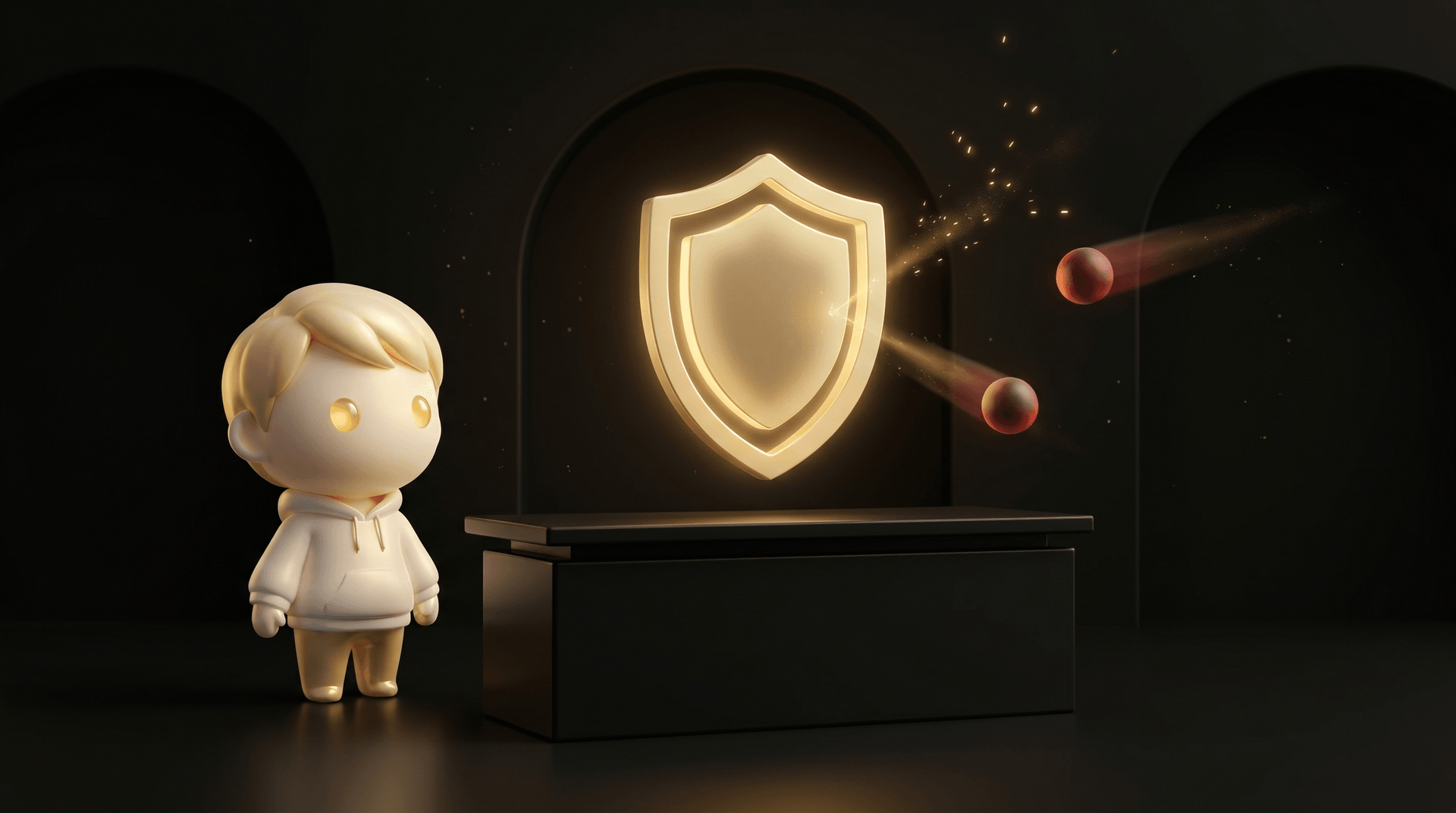 A glowing gold shield-shaped silhouette with a small alert pulse intercepting incoming dispute orbs above a dark obsidian operator desk, the Godmode mascot in cream porcelain skin watching with a calm operator focus