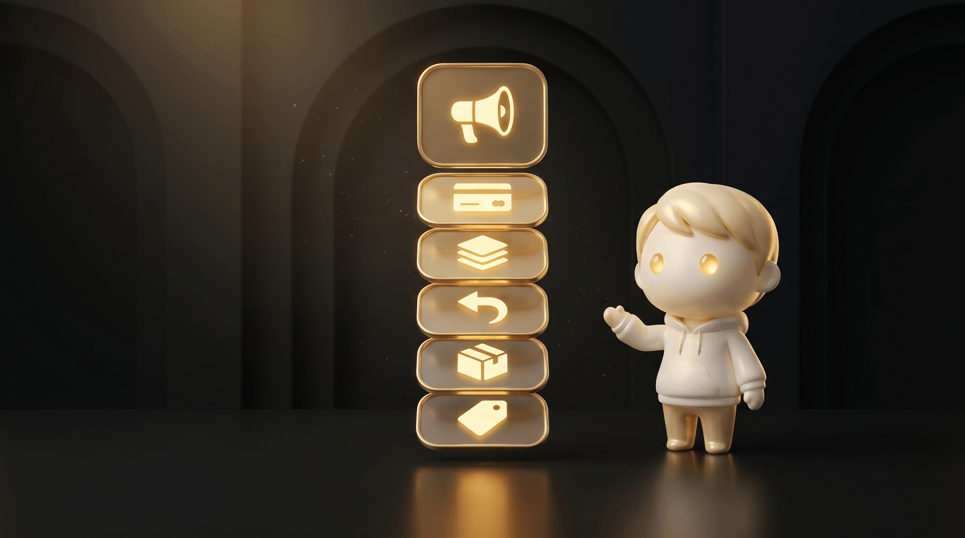 Six glowing gold cost-layer cards stacked vertically beneath a top revenue slab on a dark obsidian operator desk, each card with a unique iconographic glyph, the Godmode mascot in cream porcelain skin presenting the stack with a calm operator posture
