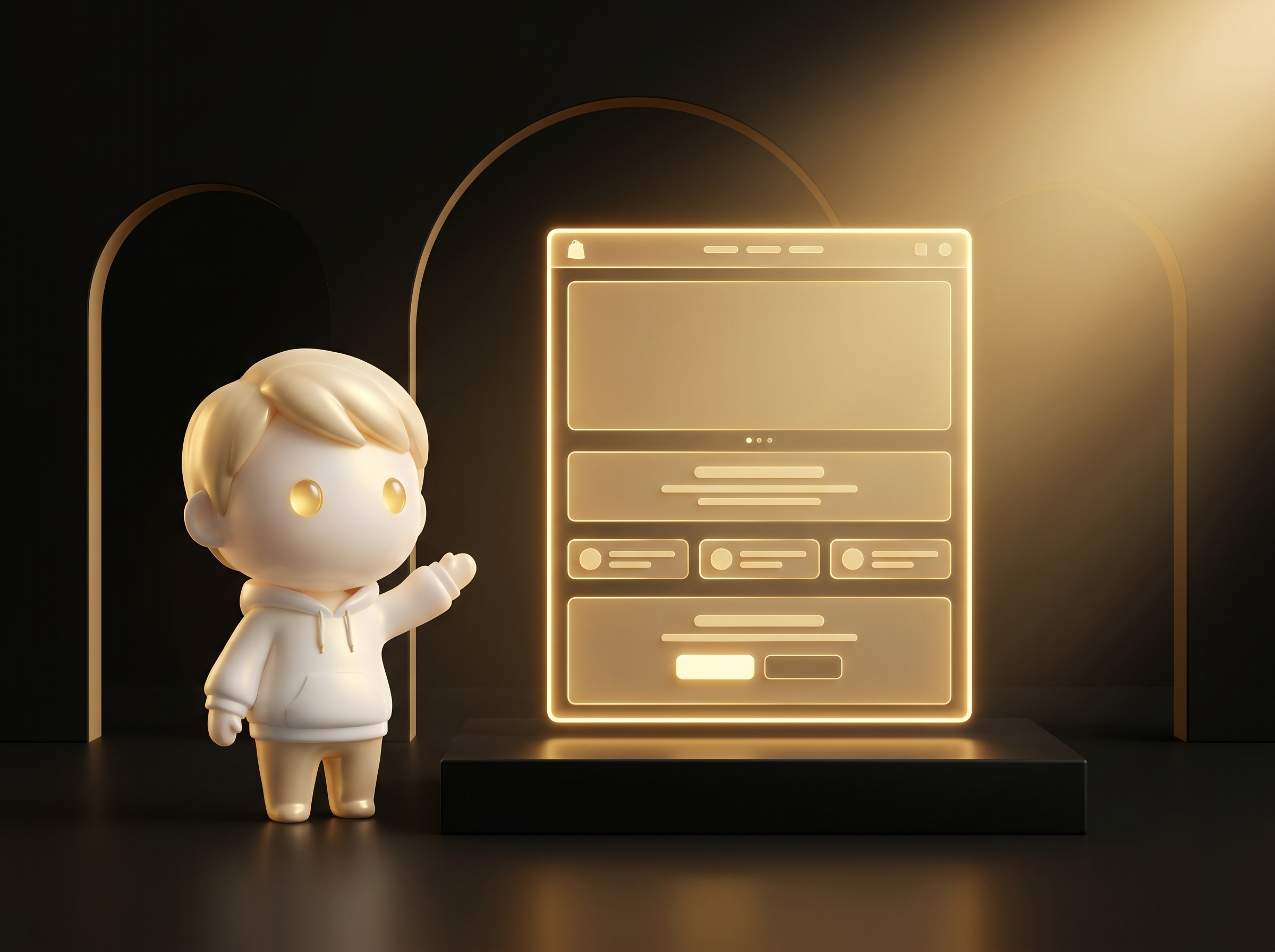 Godmode mascot in cream porcelain skin presenting a fully built glowing Shopify product page mockup with hero, copy, and ad creative all visible on a clean obsidian podium