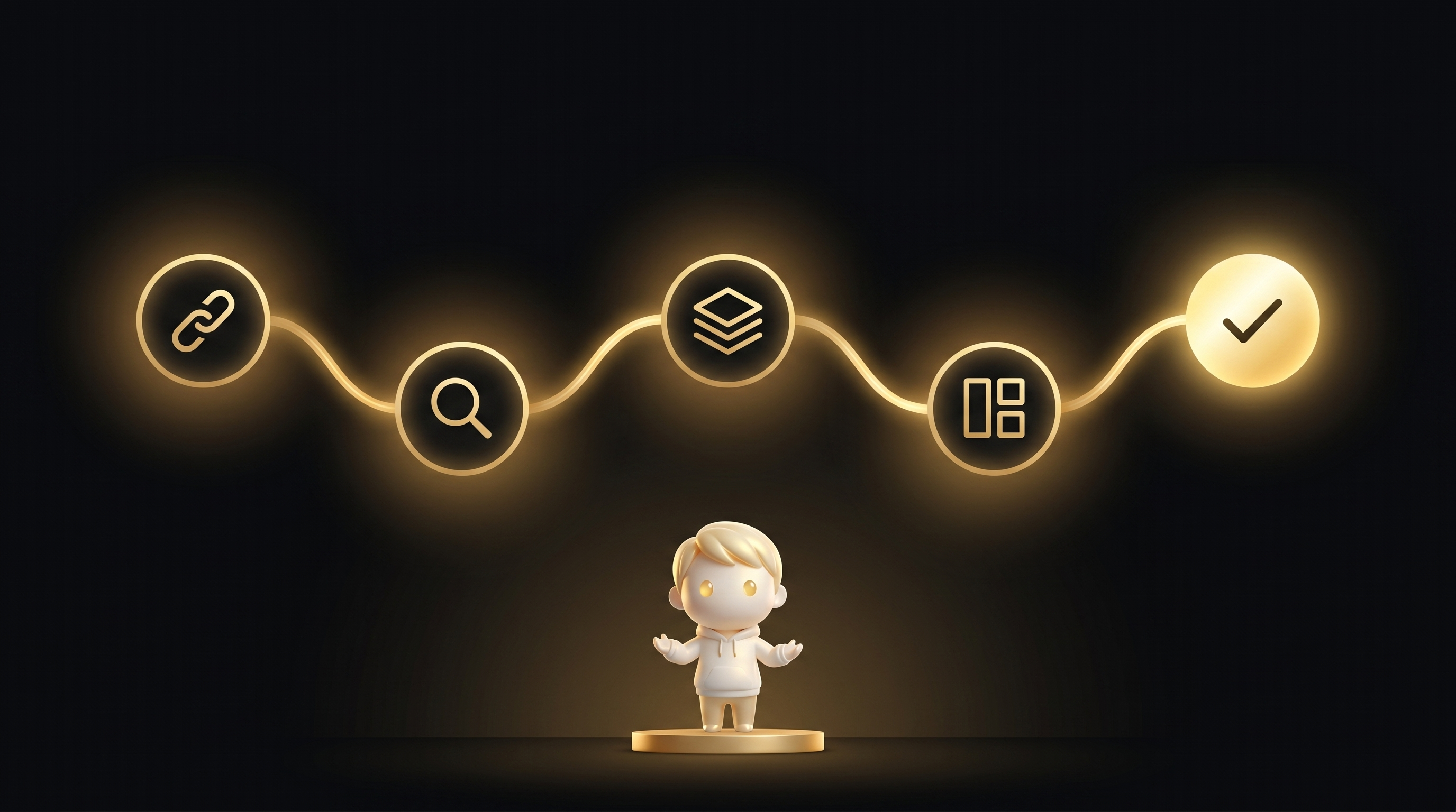 A horizontal flow diagram with five glowing gold workflow nodes connected by gold light streams representing paste URL, AI analysis, CRO rules applied, layout generated, review and publish, the Godmode mascot in cream porcelain skin conducting the flow from below in calm operator posture