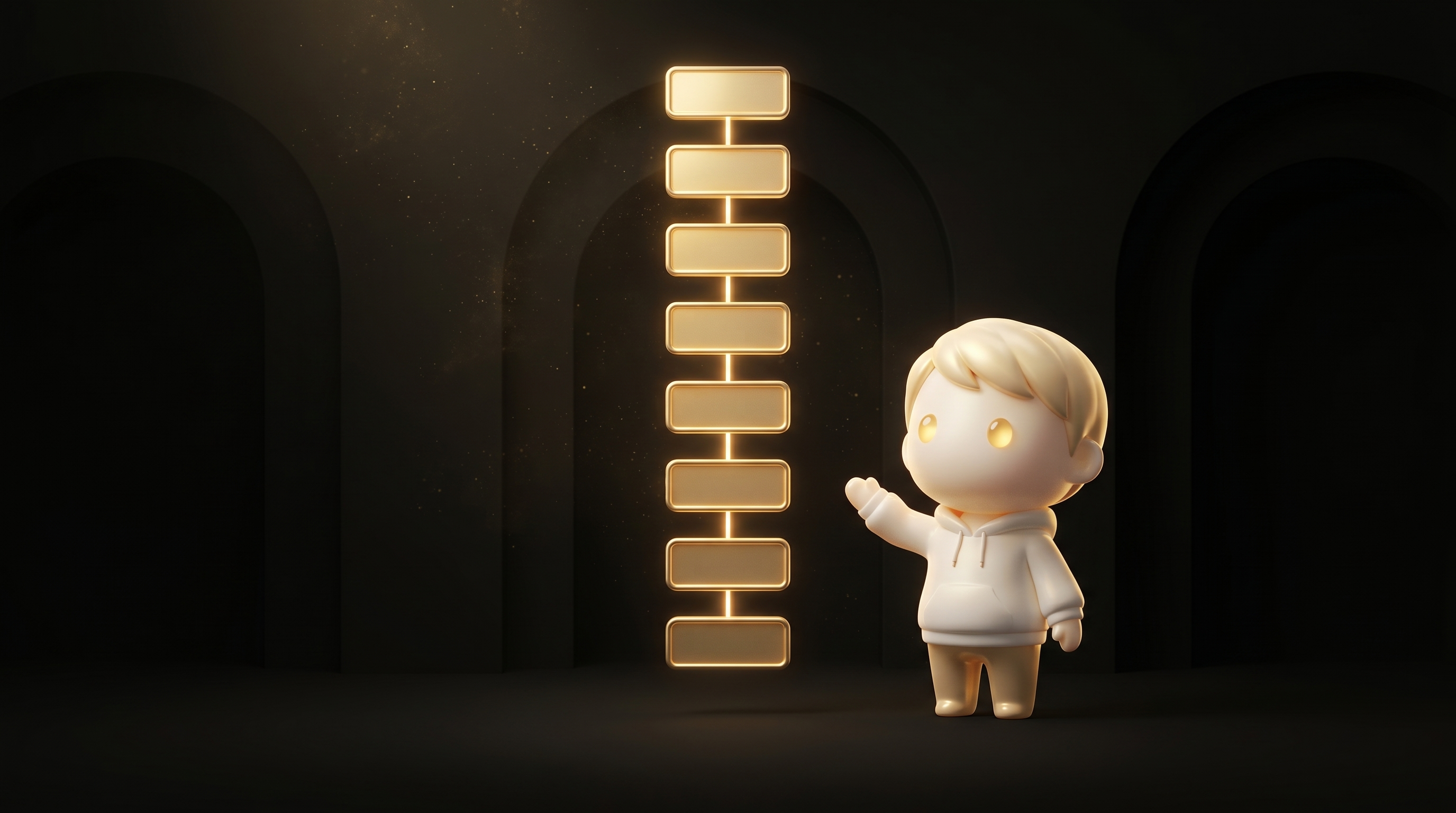 A vertical glowing gold timeline of 9 stacked workflow steps representing the 51-hour manual Shopify store build process, the Godmode mascot in cream porcelain skin standing beside the timeline gesturing with a calm explanatory operator posture