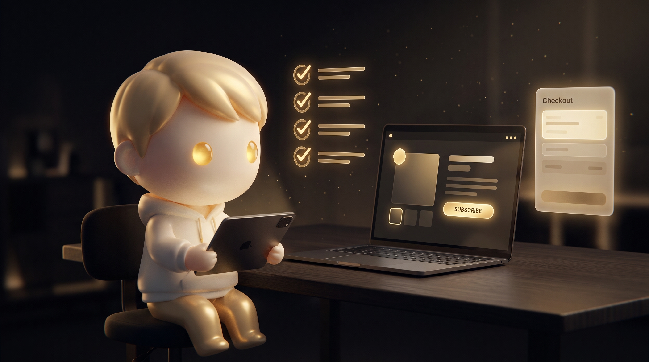 A clean desk with a laptop showing a subscription product page on the left and a checkout settings panel on the right, a printed checklist with items ticked, the Godmode mascot calmly working through it, warm gold desk light