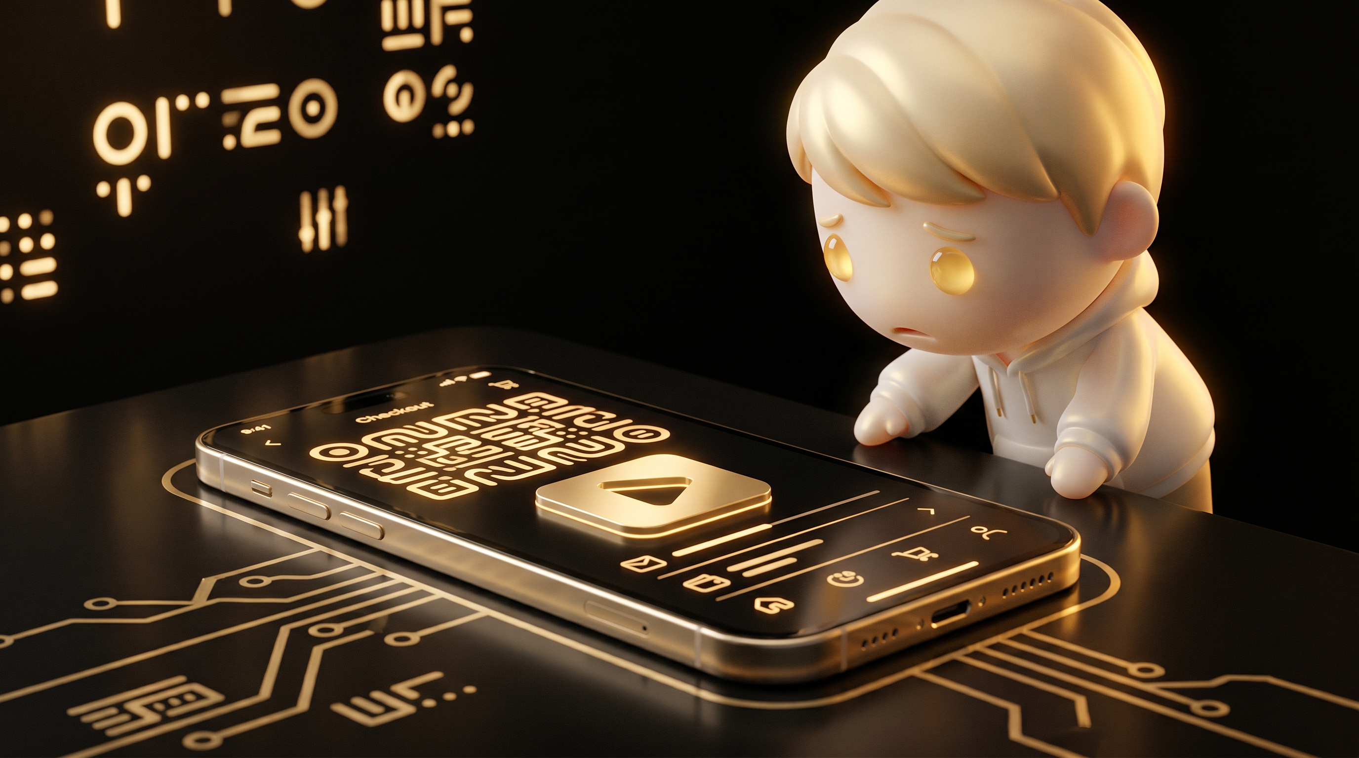 A phone mockup on a desk showing a checkout screen with a bold recurring-billing terms block sitting directly above the pay button, the Godmode mascot leaning in to read the screen with a concerned expression, warm gold desk light