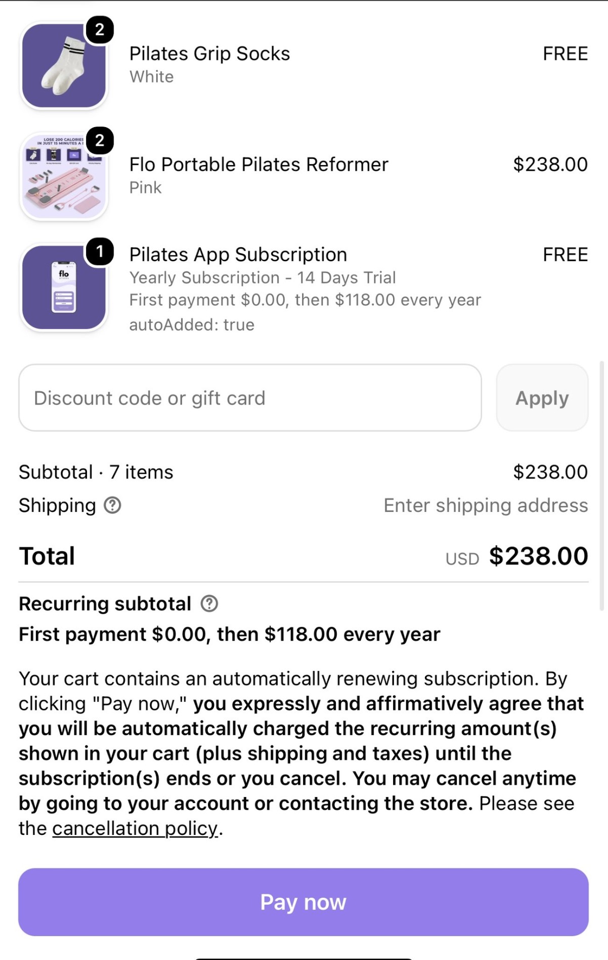 Pilates checkout cart with an auto-added subscription line item showing first payment $0.00 then $118.00 every year, and the new bold recurring-billing disclosure above the Pay now button