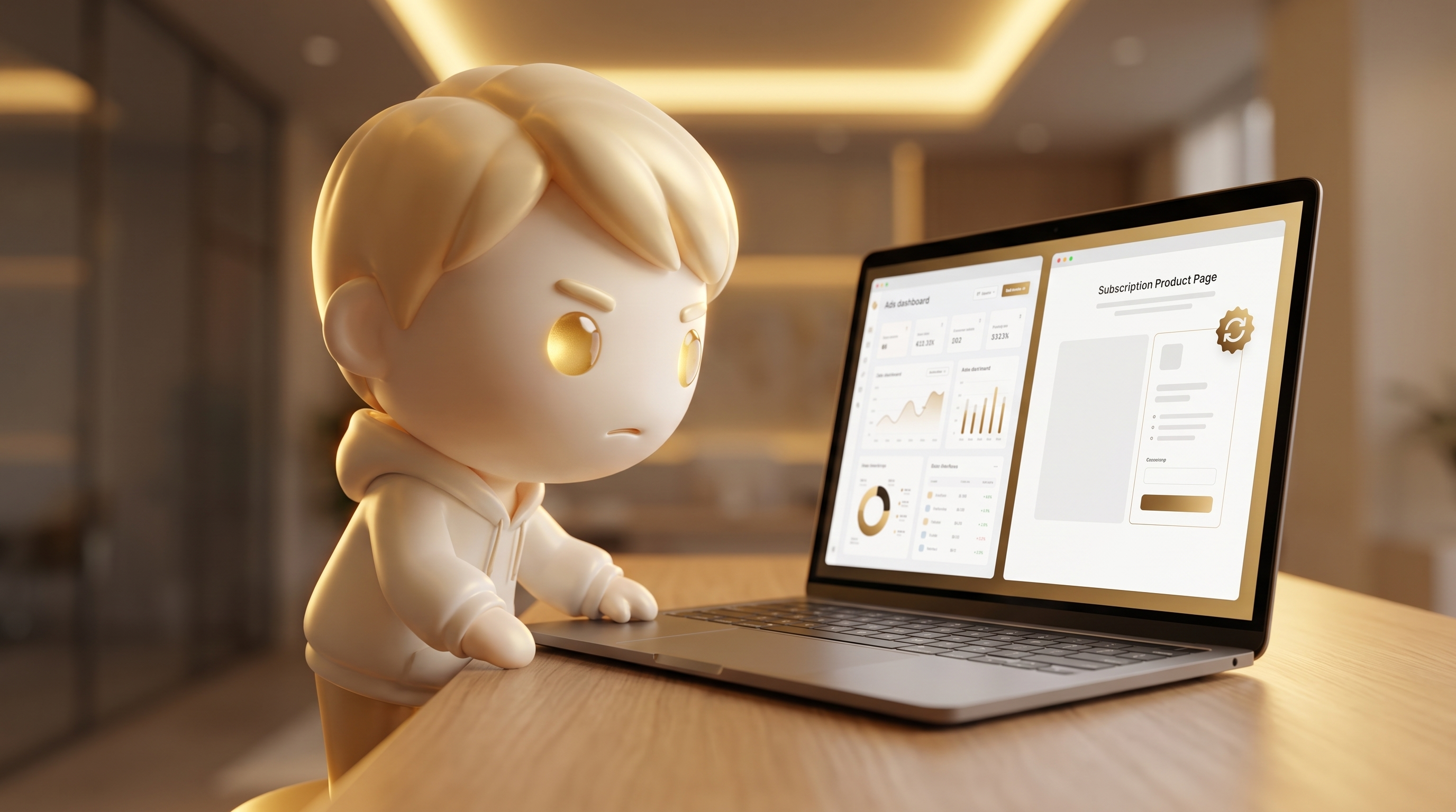 A laptop on a clean desk showing a subscription product page mockup that frames the recurring offer next to an ads dashboard, the Godmode mascot at the desk pointing at the page with a confident expression, warm gold desk light
