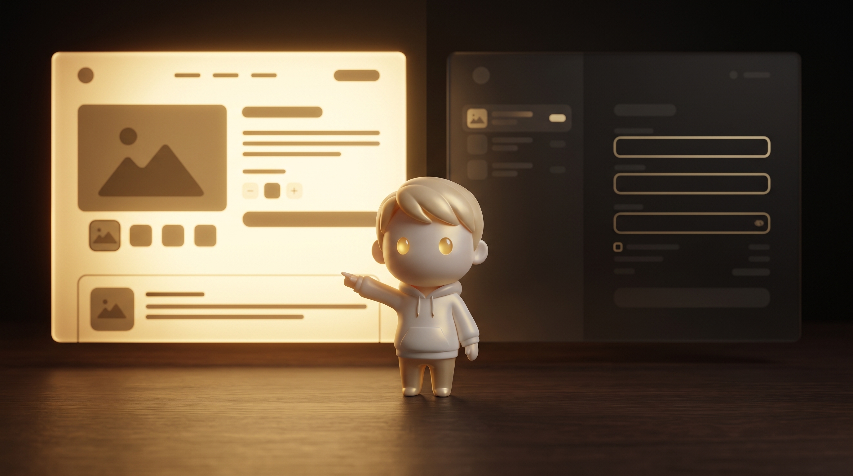 Split-frame on a desk: on the left a subscription product page mockup glowing warm gold where the buyer decides, on the right a dim checkout panel where the bold disclosure renders, the Godmode mascot pointing at the page side