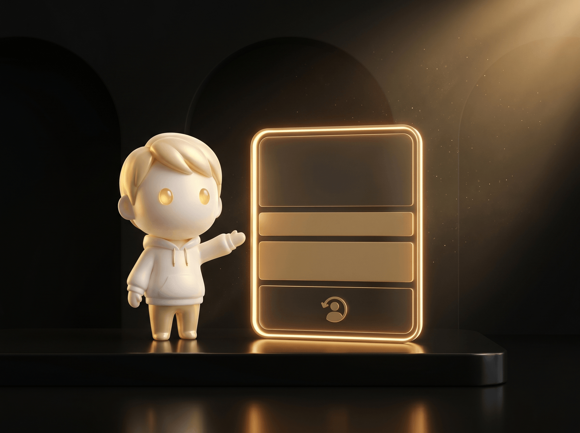 Godmode mascot in cream porcelain skin presenting a glowing Shopify product page mockup with a healthy refund-policy badge on a clean obsidian podium