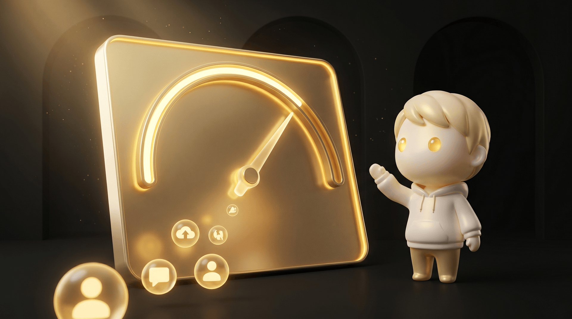 A glowing gold trust gauge slowly rising upward above a dark obsidian operator desk with smaller compliance signal orbs feeding into the gauge, the Godmode mascot in cream porcelain skin conducting the trust rebuild with a calm patient operator posture