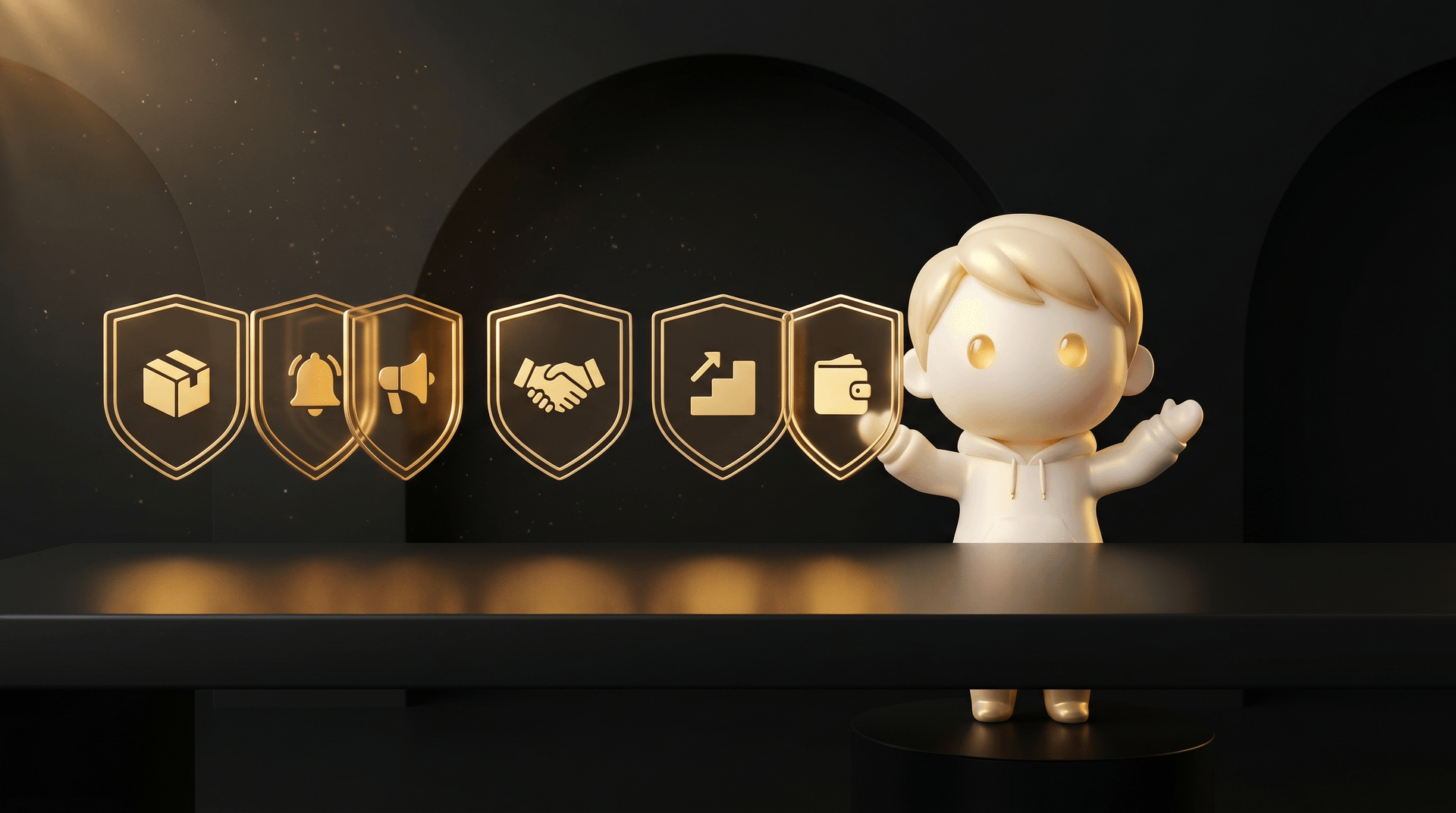 A glowing gold five-tier shield-shaped silhouette stack arranged around a dark obsidian operator desk each tier representing a different prevention layer, the Godmode mascot in cream porcelain skin assembling the layers with a calm operator posture