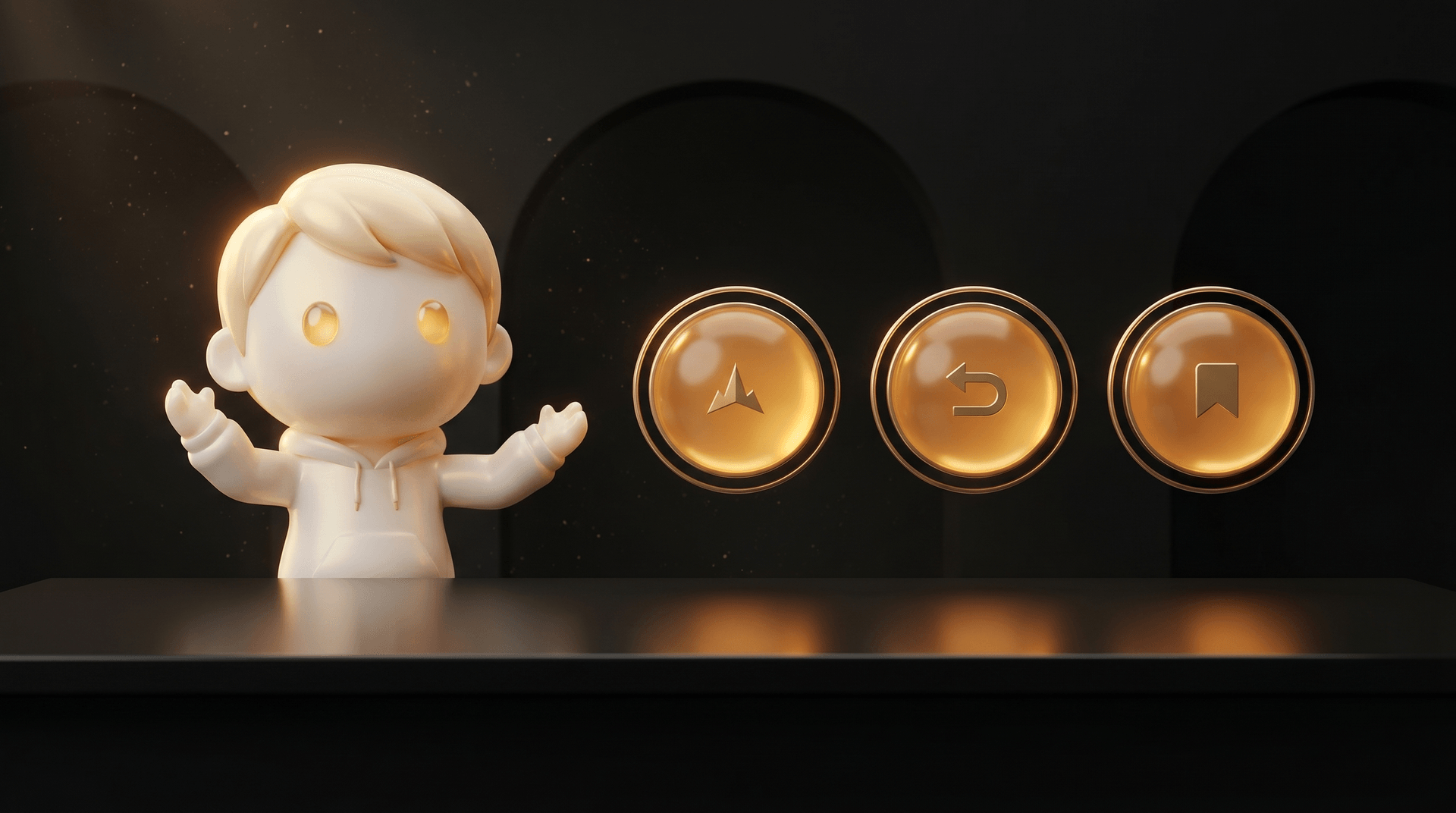 Three glowing amber warning orbs floating above a dark obsidian operator desk each with a unique iconographic glyph representing the three hold triggers, the Godmode mascot in cream porcelain skin diagnosing with a calm operator focus