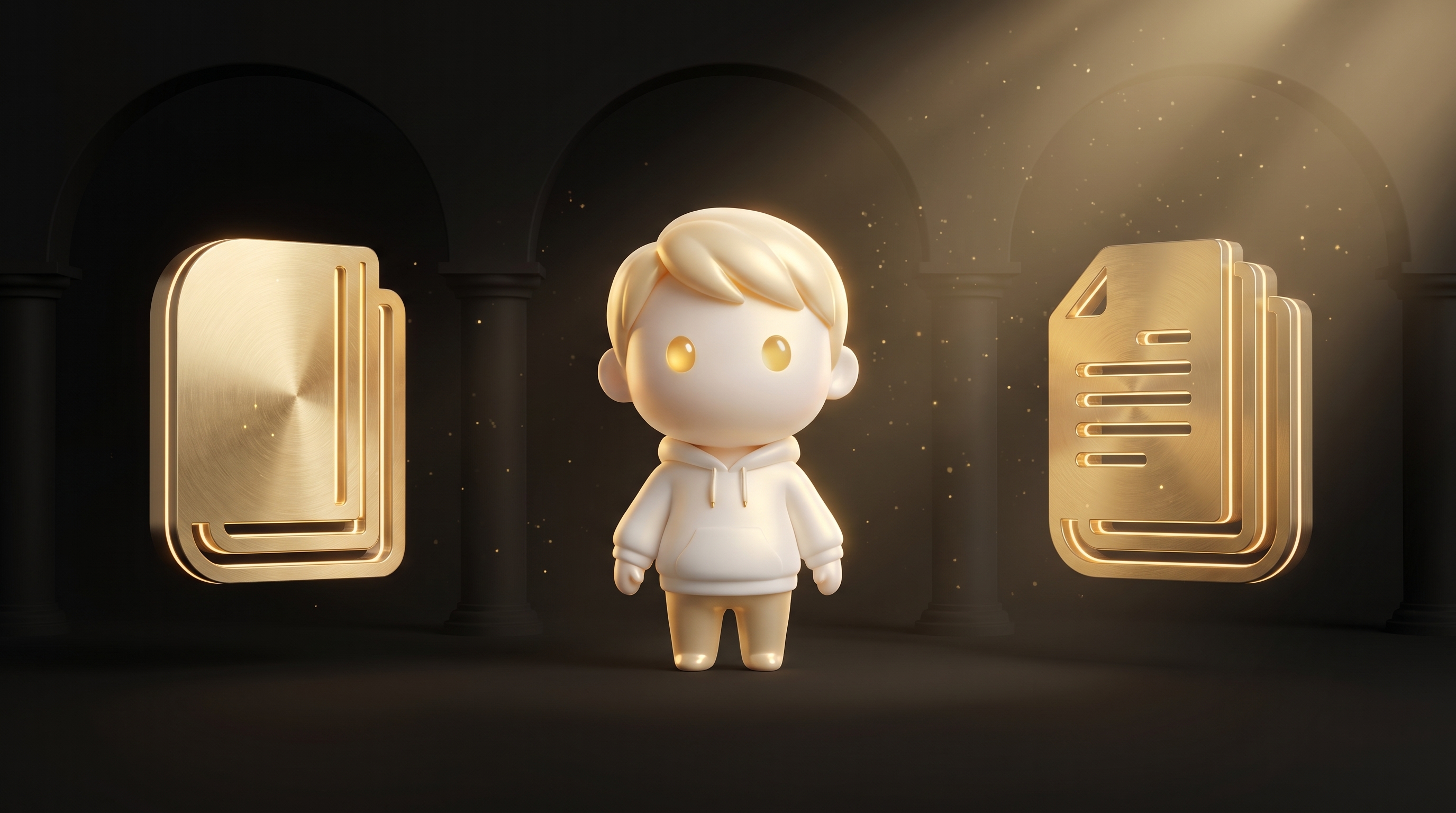A comparison desk scene with four laptop screens side by side, one labeled with the Godmode mascot showing a finished conversion-optimized page with ad cards and a video frame beside it, the other three showing an empty drag-and-drop block editor, a fast but plain templated page, and a small admin description box, warm gold lighting