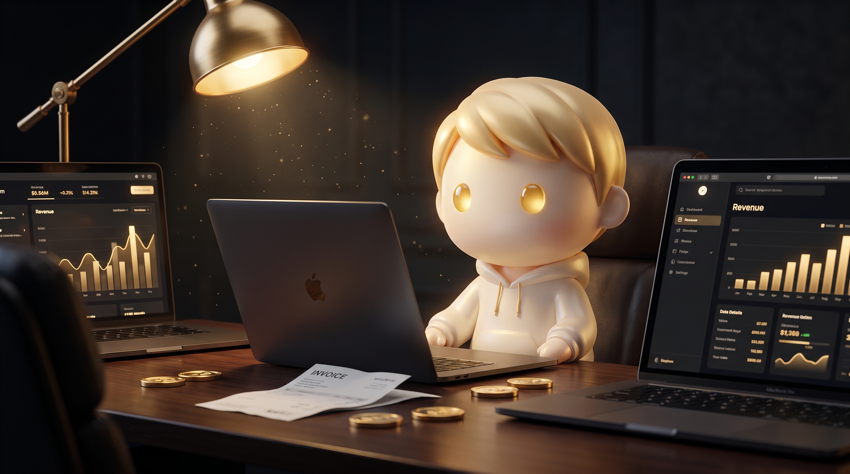 The Godmode mascot at a calm late-night desk surrounded by two laptops showing live store dashboards and a crumpled paper invoice in the foreground, warm gold desk lamp light, the mood of operators who run stores rather than a startup pitch room