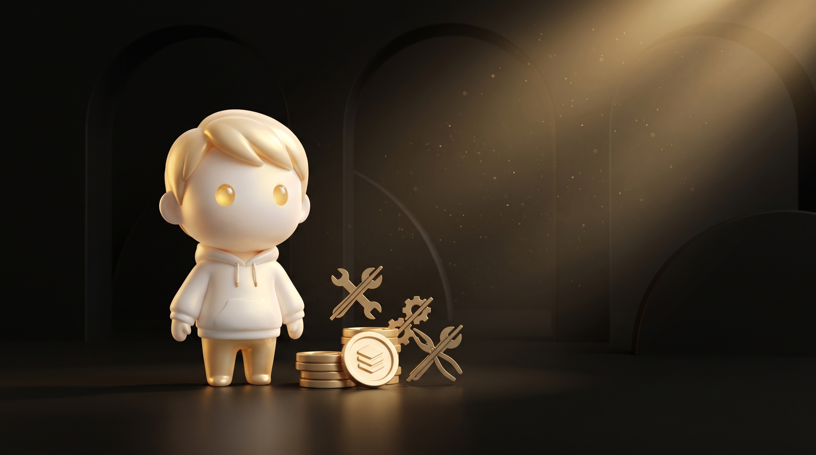 The Godmode mascot at a desk holding a single glowing token coin beside a stack of cancelled subscription cards for a copywriter, a designer, a page builder, and a video tool, warm gold lighting, the mood of consolidating many tools into one