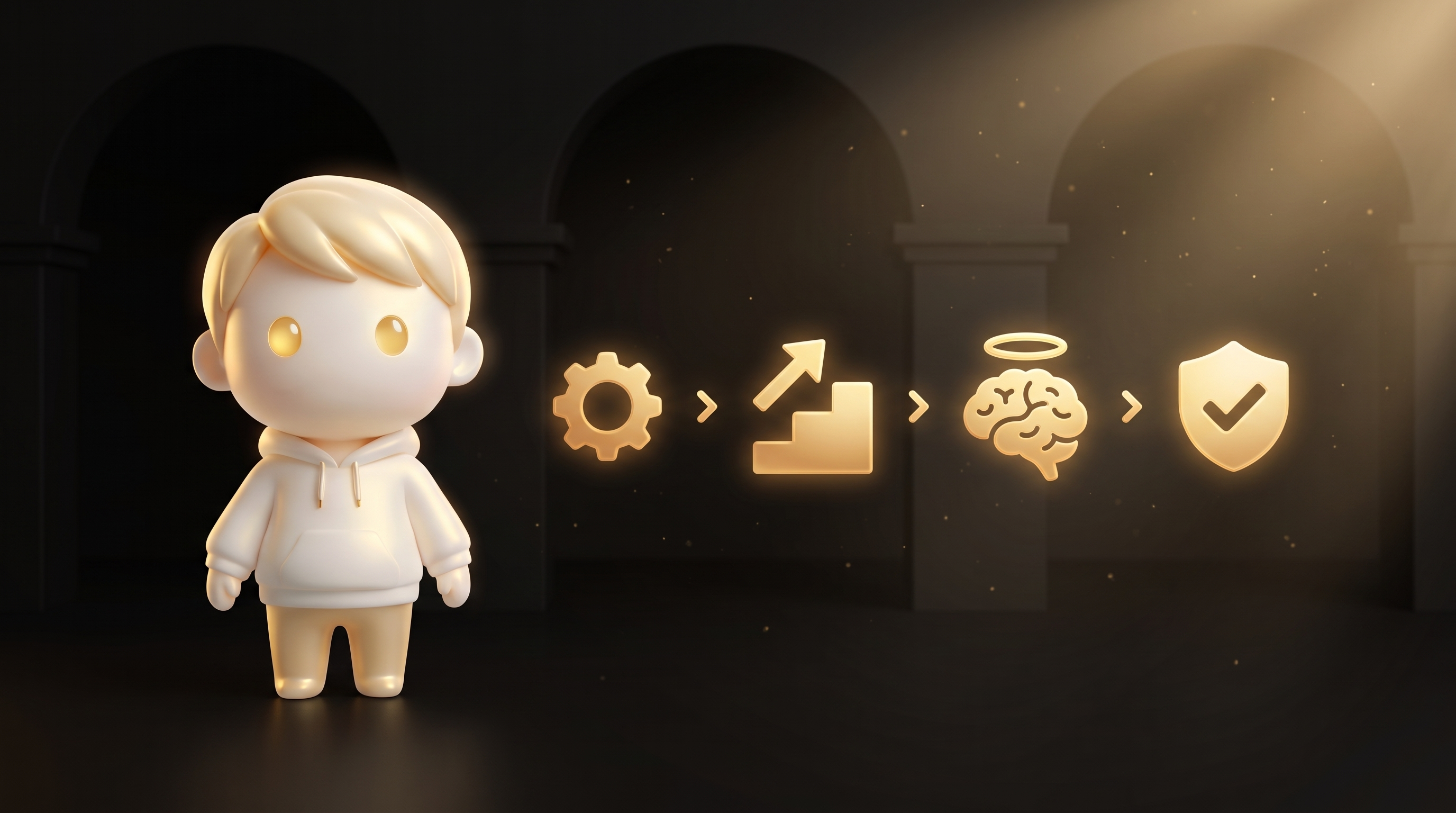A clean operator desk with a laptop showing a half-built product page, sticky notes pinned beside it, a phone mockup displaying an ad card, and the Godmode mascot moving a glowing product object from a browser tab toward the page, warm gold lighting